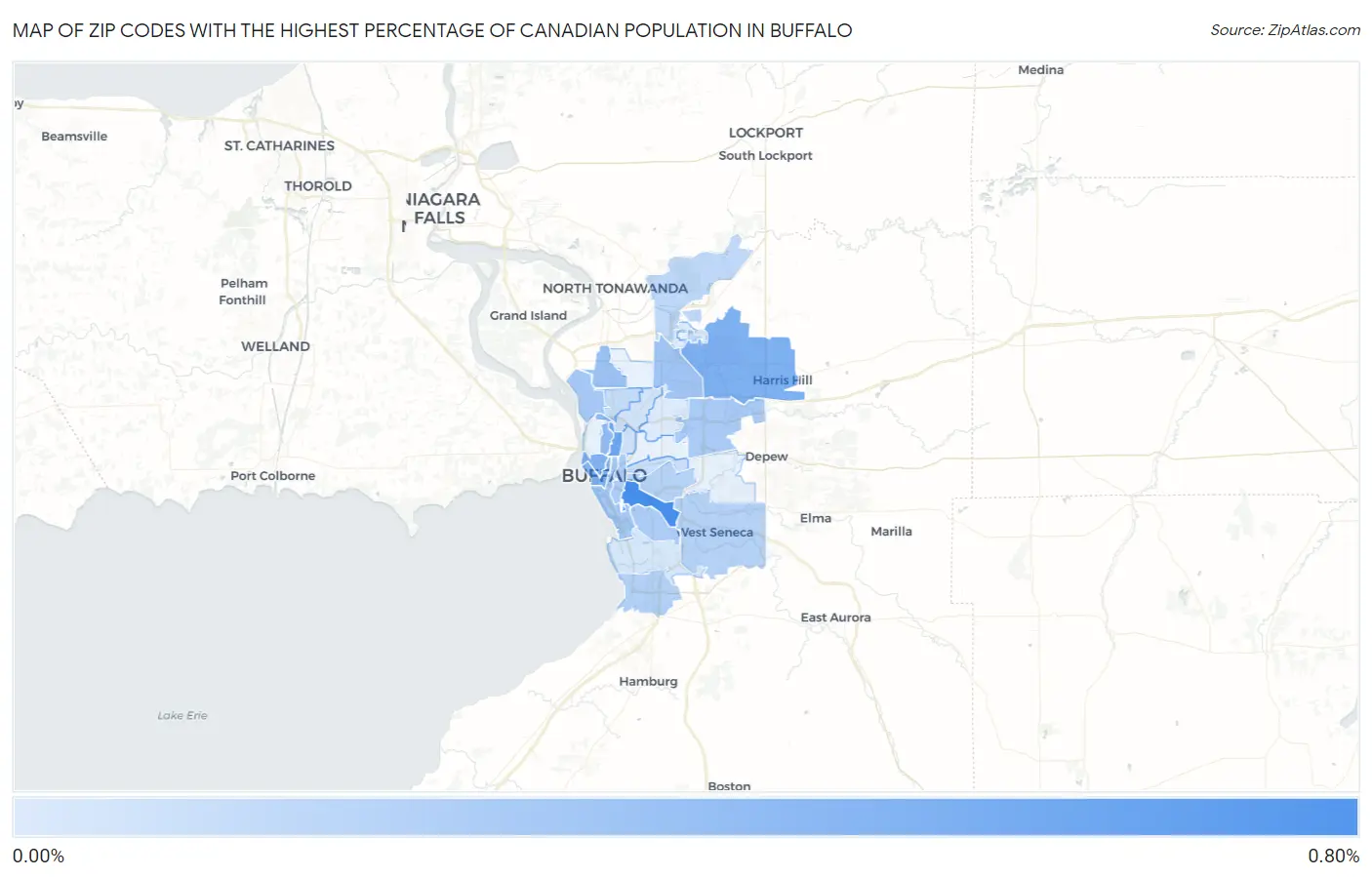 Zip Codes with the Highest Percentage of Canadian Population in Buffalo Map