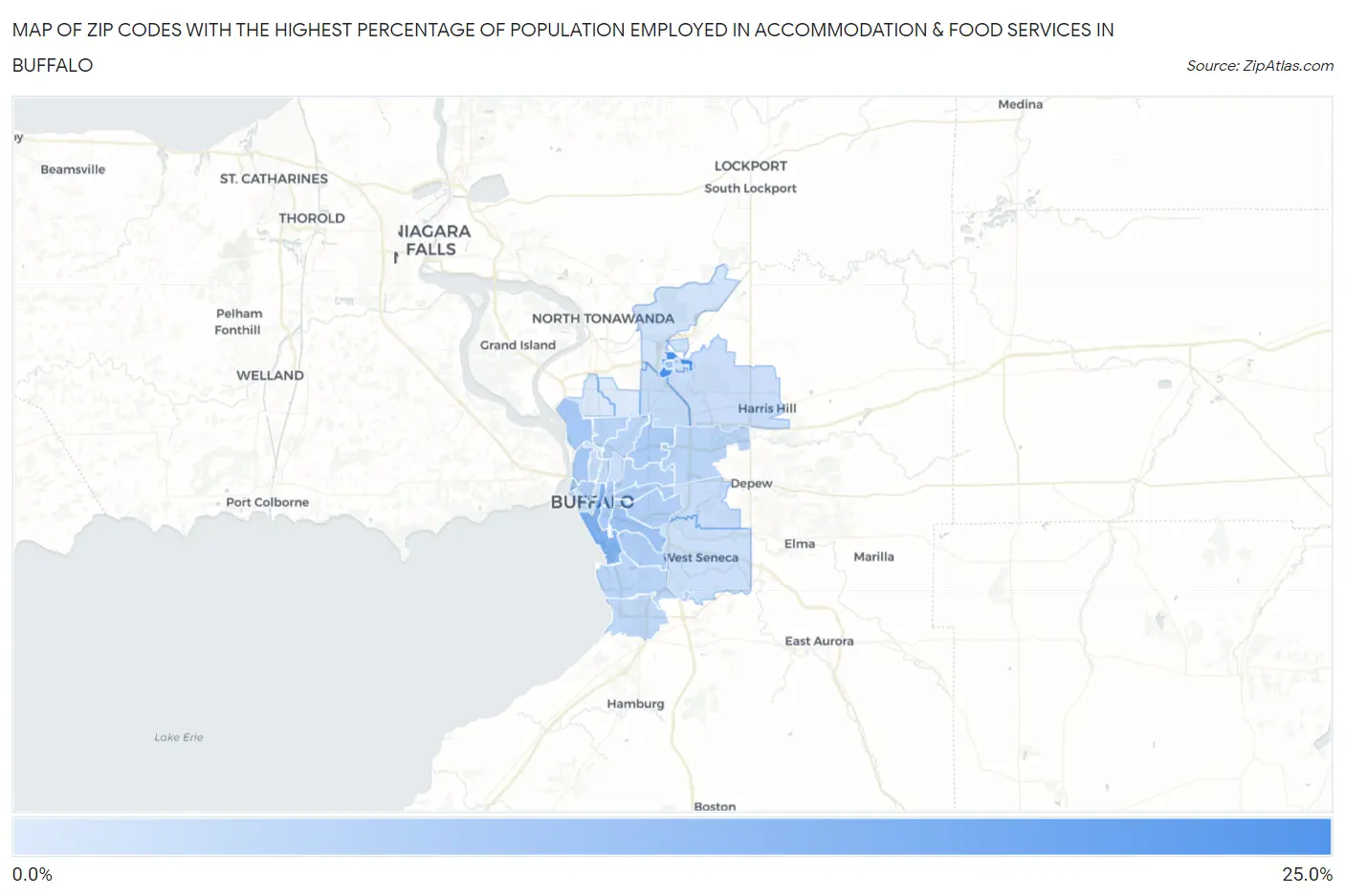 Zip Codes with the Highest Percentage of Population Employed in Accommodation & Food Services in Buffalo Map