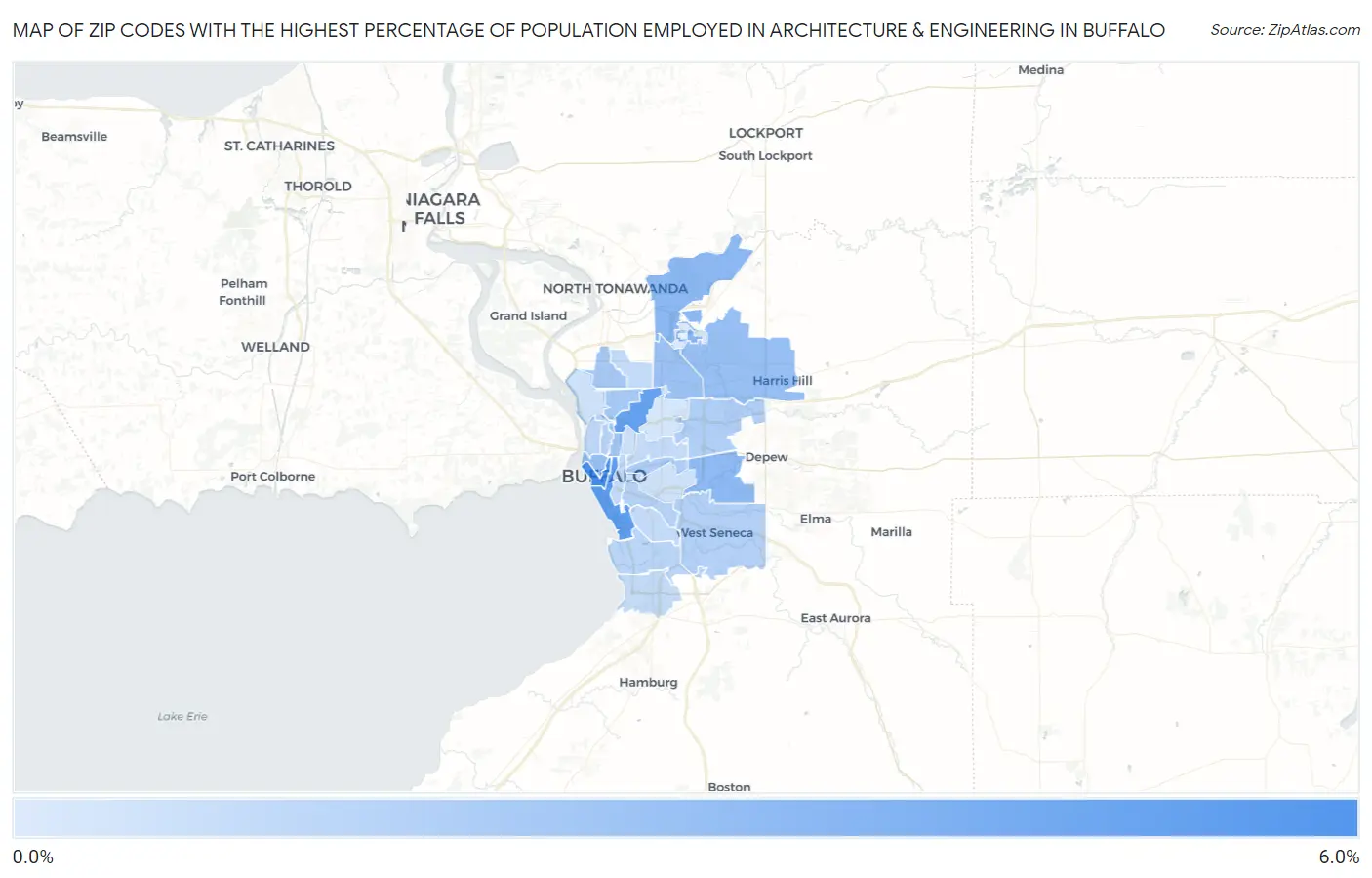 Zip Codes with the Highest Percentage of Population Employed in Architecture & Engineering in Buffalo Map