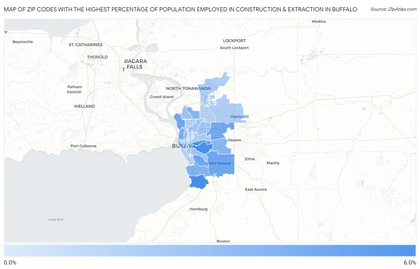 Zip Codes with the Highest Percentage of Population Employed in Construction & Extraction in Buffalo Map