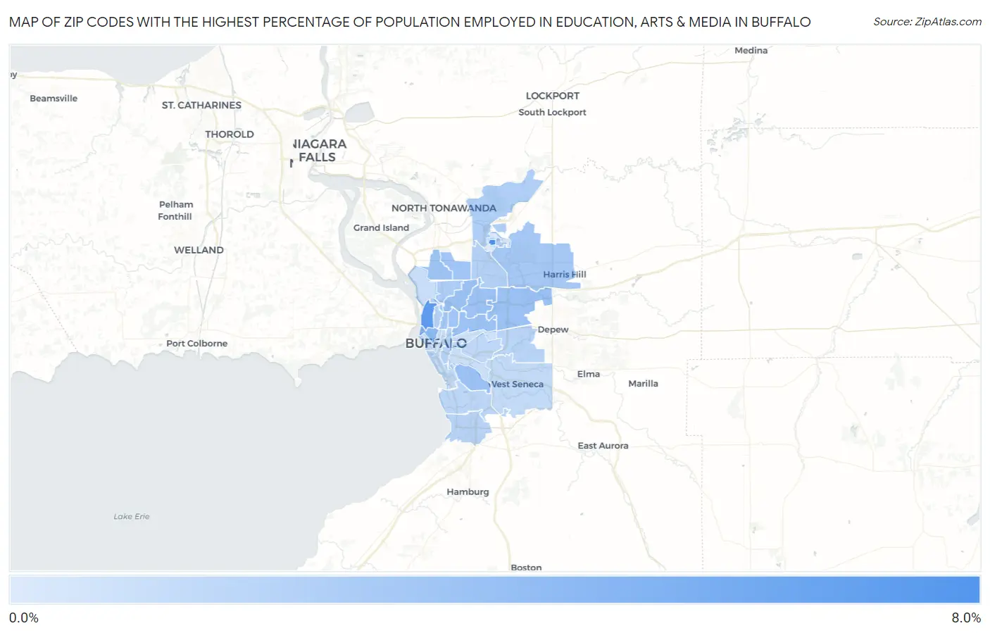 Zip Codes with the Highest Percentage of Population Employed in Education, Arts & Media in Buffalo Map