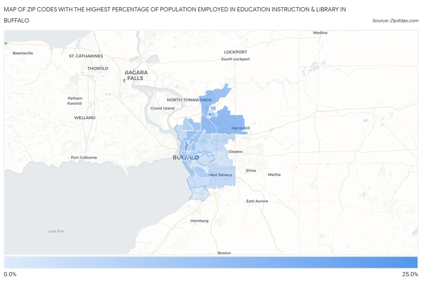 Zip Codes with the Highest Percentage of Population Employed in Education Instruction & Library in Buffalo Map