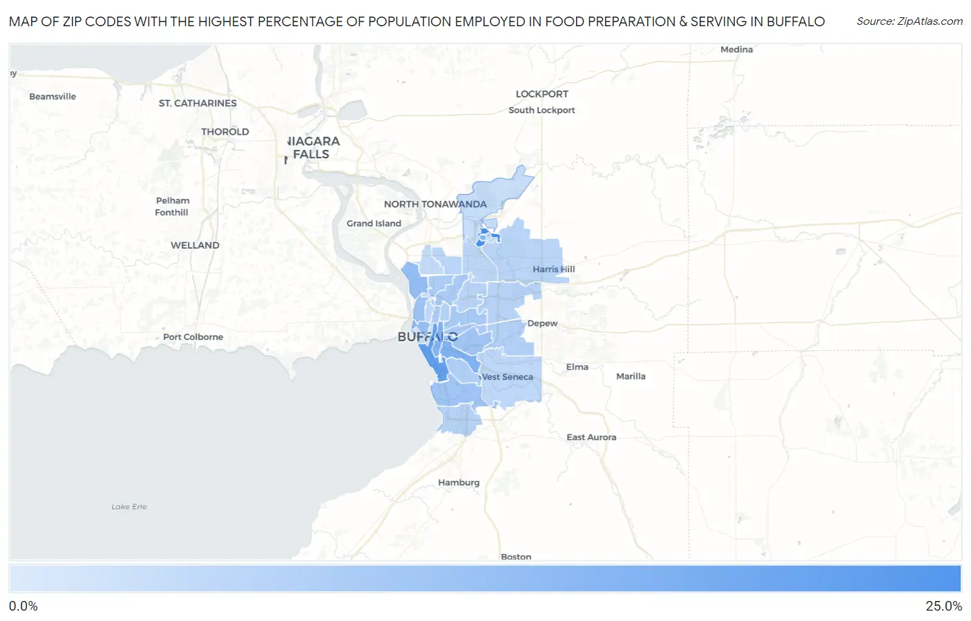 Zip Codes with the Highest Percentage of Population Employed in Food Preparation & Serving in Buffalo Map