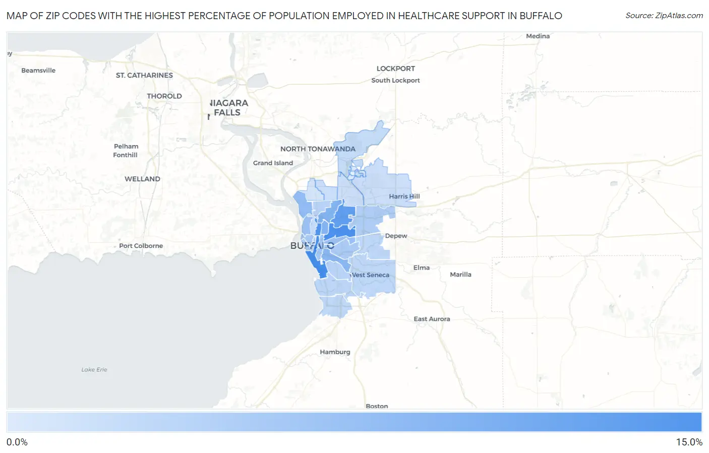 Zip Codes with the Highest Percentage of Population Employed in Healthcare Support in Buffalo Map