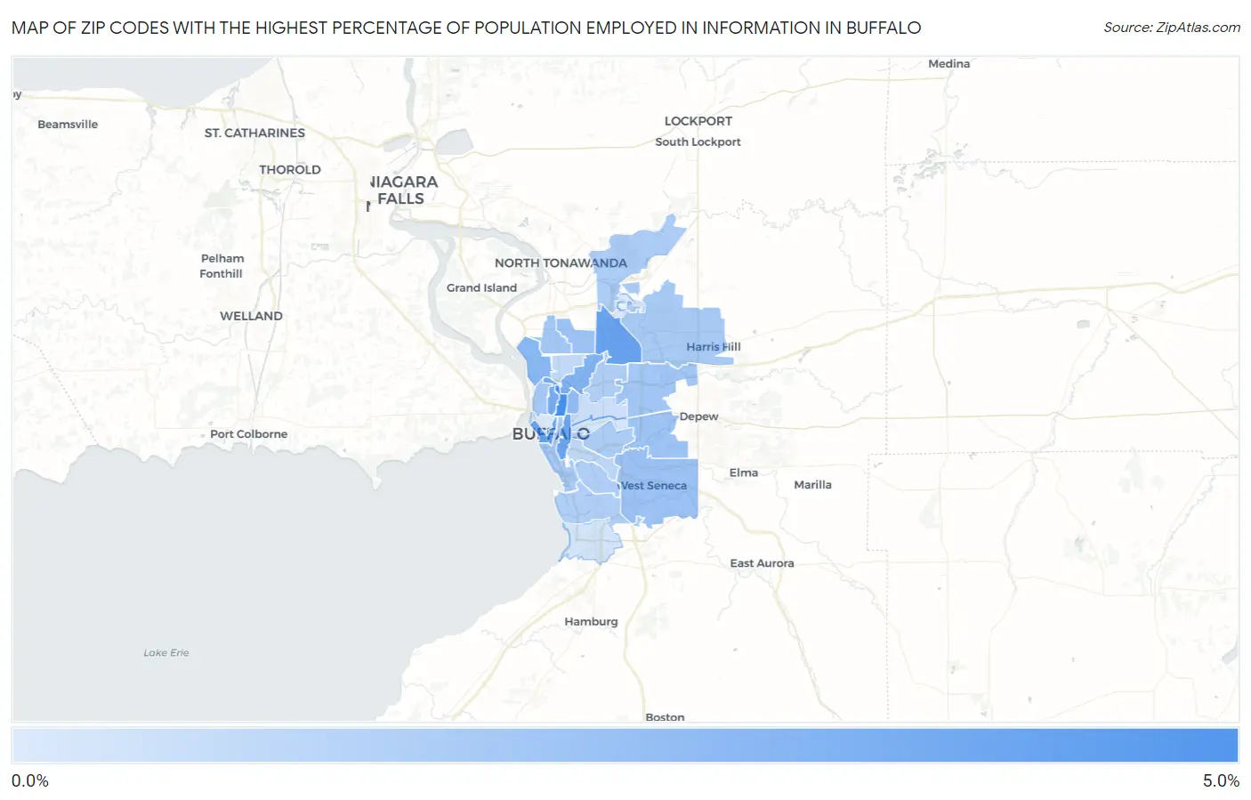 Zip Codes with the Highest Percentage of Population Employed in Information in Buffalo Map
