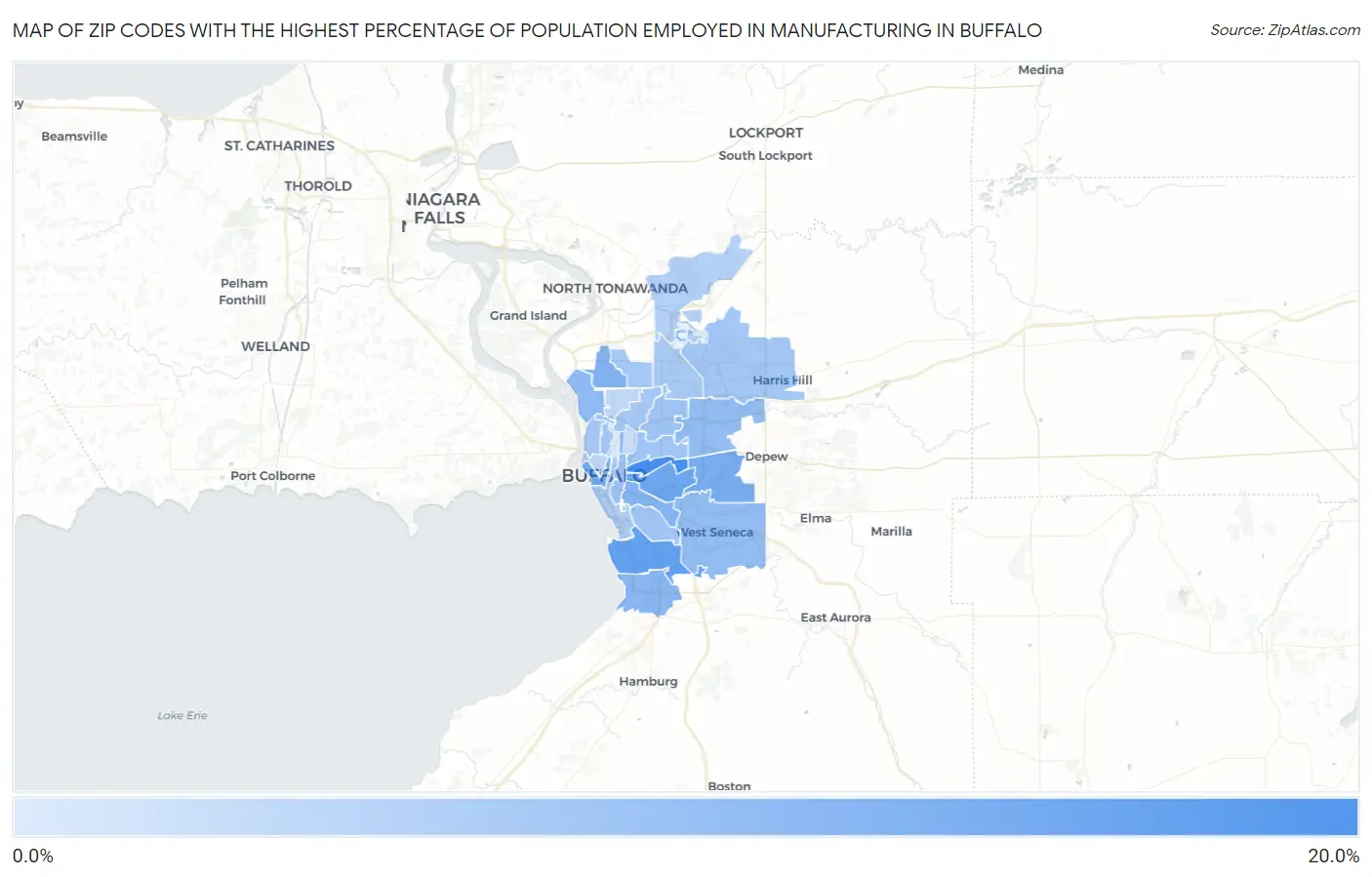 Zip Codes with the Highest Percentage of Population Employed in Manufacturing in Buffalo Map