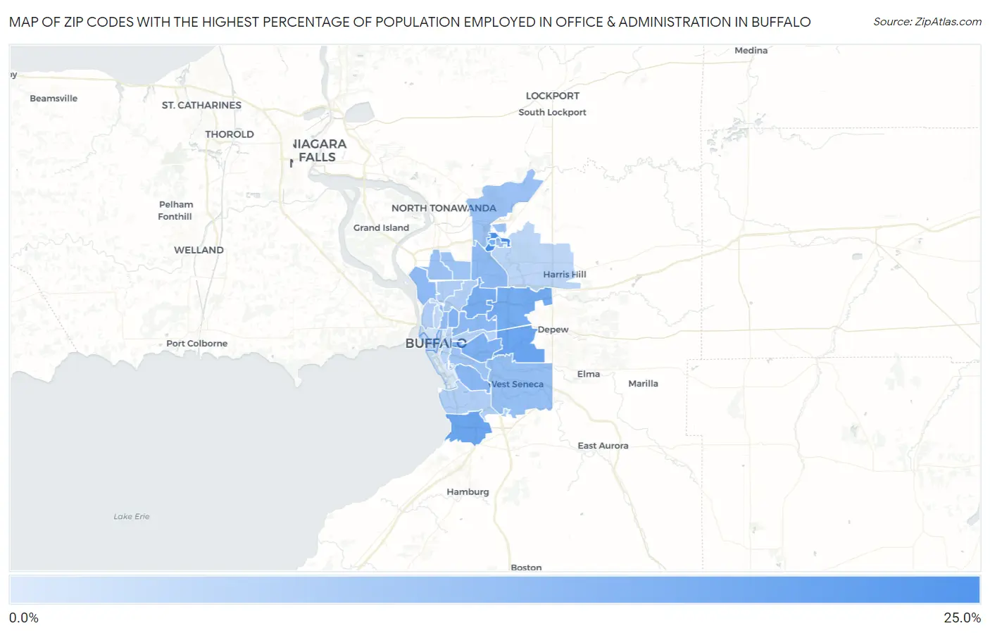 Zip Codes with the Highest Percentage of Population Employed in Office & Administration in Buffalo Map