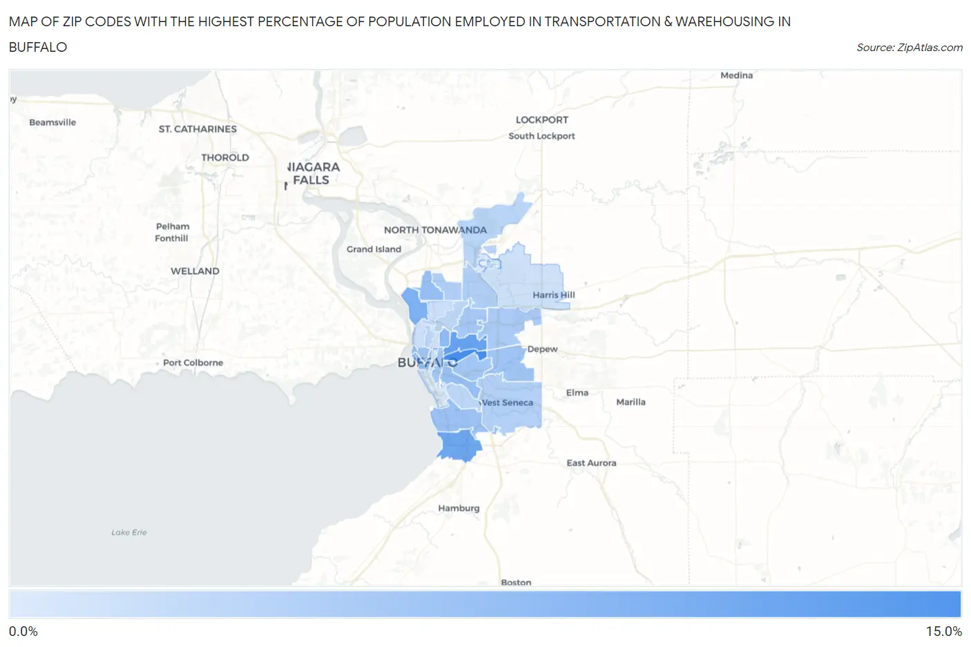 Zip Codes with the Highest Percentage of Population Employed in Transportation & Warehousing in Buffalo Map