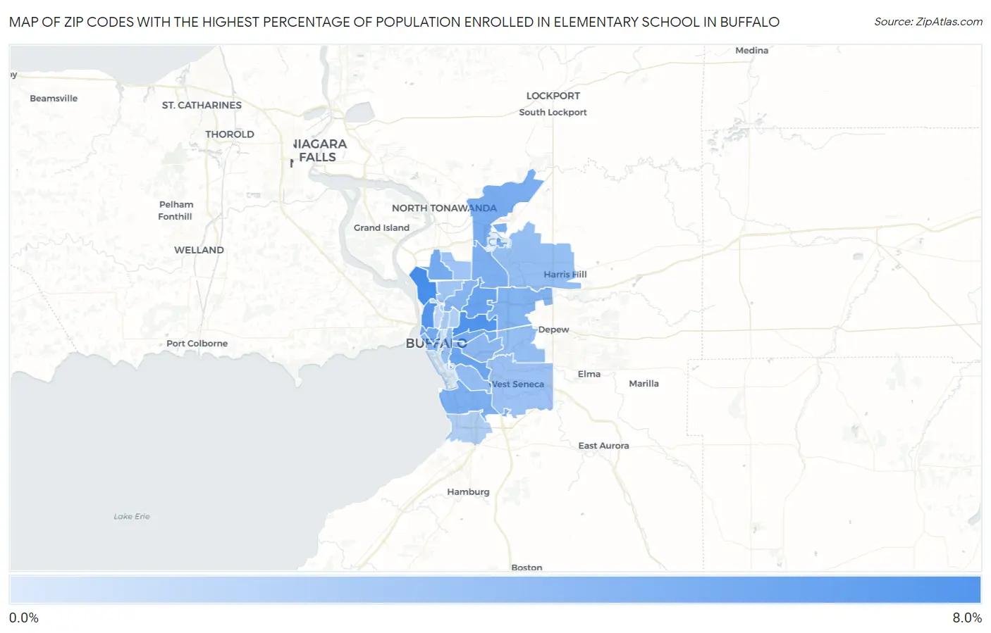 Zip Codes with the Highest Percentage of Population Enrolled in Elementary School in Buffalo Map