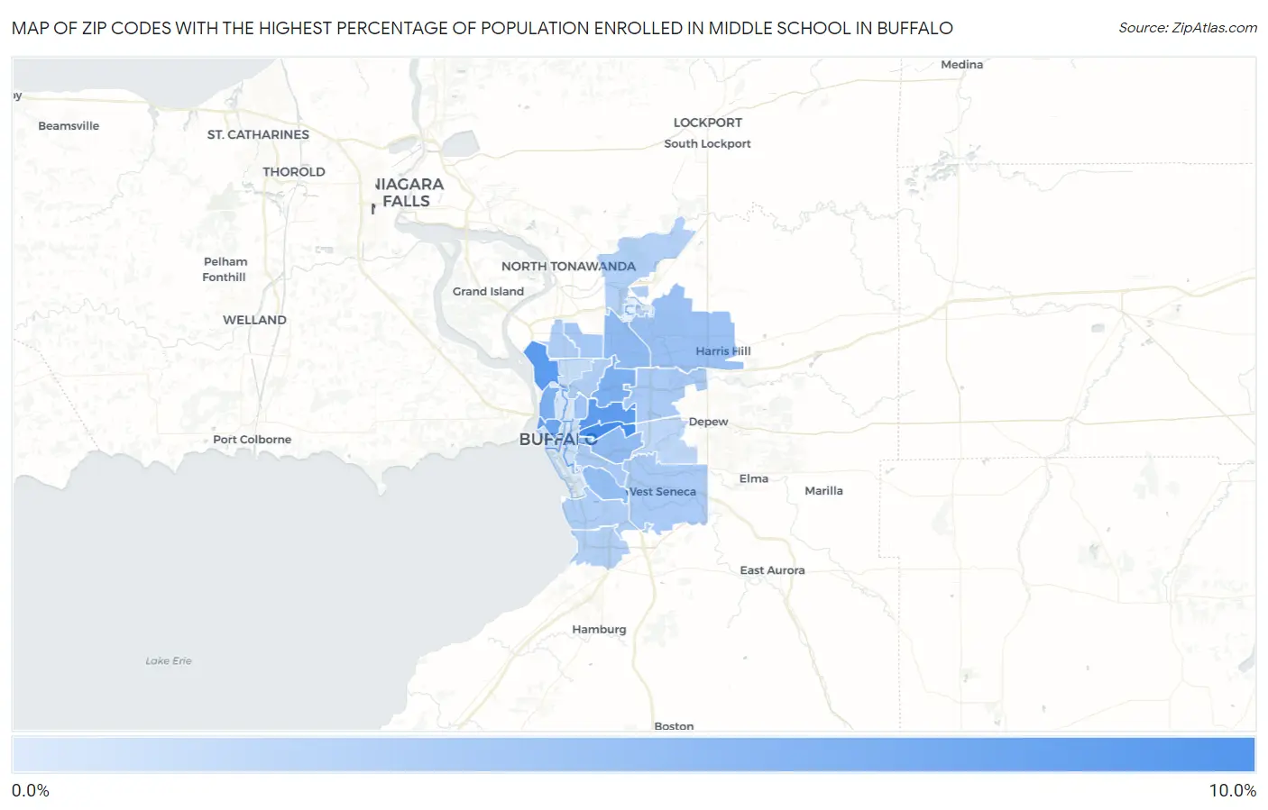Zip Codes with the Highest Percentage of Population Enrolled in Middle School in Buffalo Map