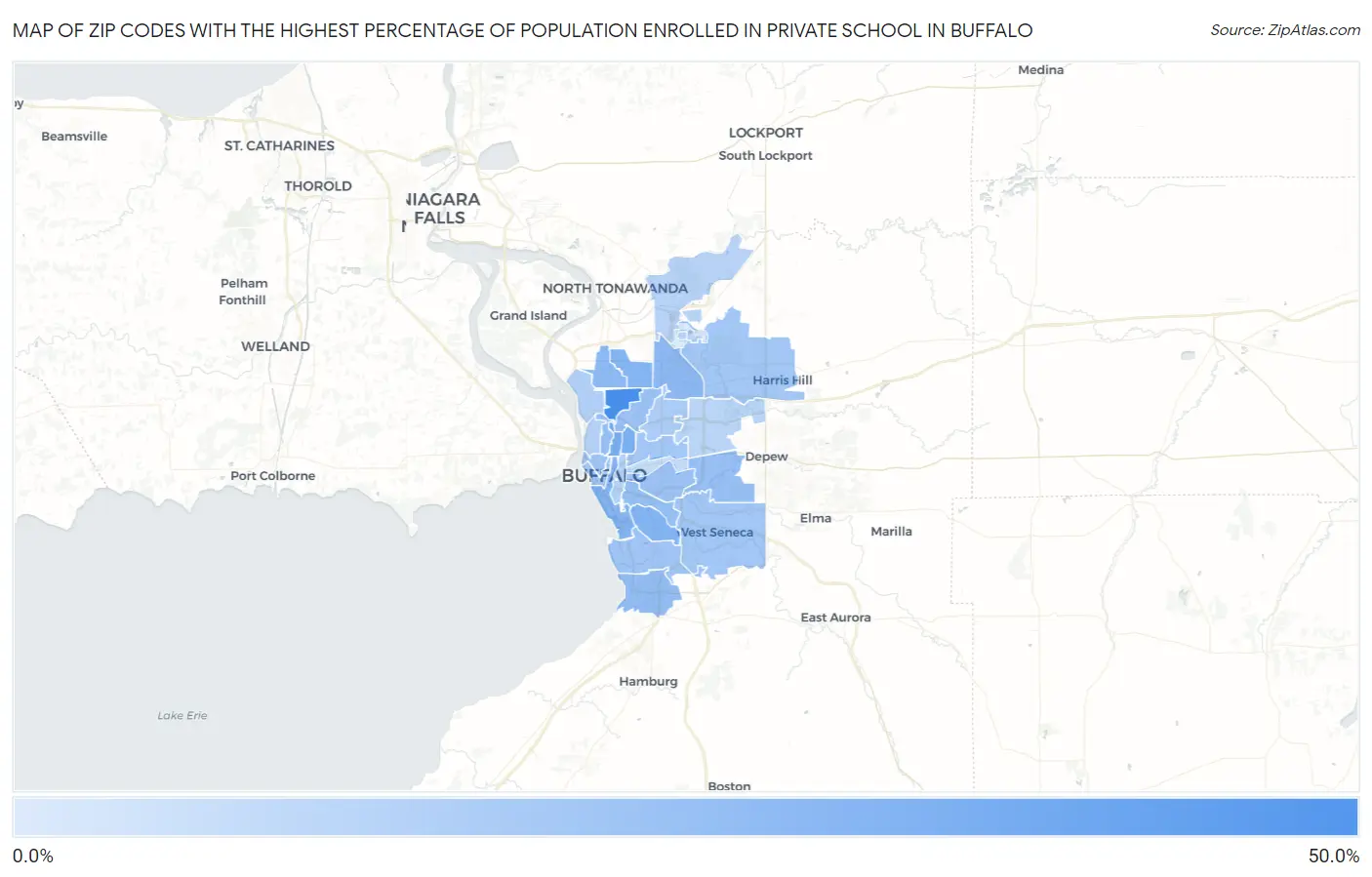 Zip Codes with the Highest Percentage of Population Enrolled in Private School in Buffalo Map