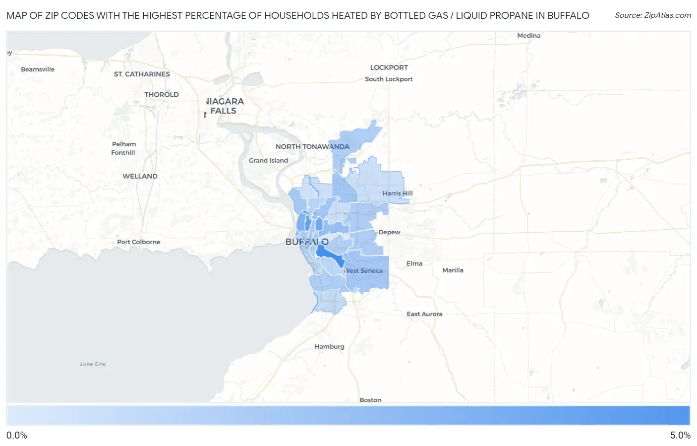 Zip Codes with the Highest Percentage of Households Heated by Bottled Gas / Liquid Propane in Buffalo Map