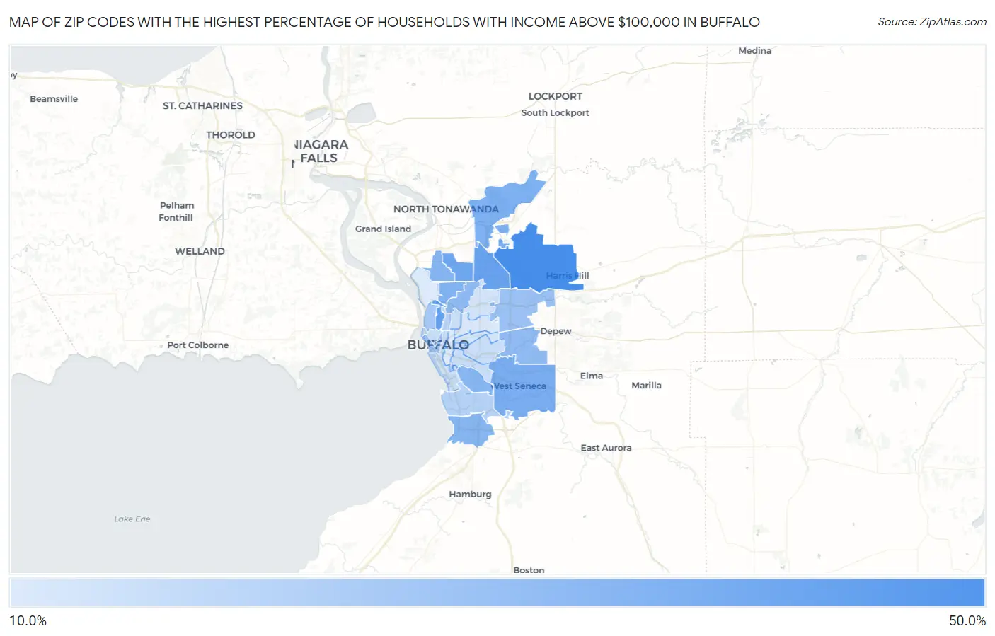 Zip Codes with the Highest Percentage of Households with Income Above $100,000 in Buffalo Map
