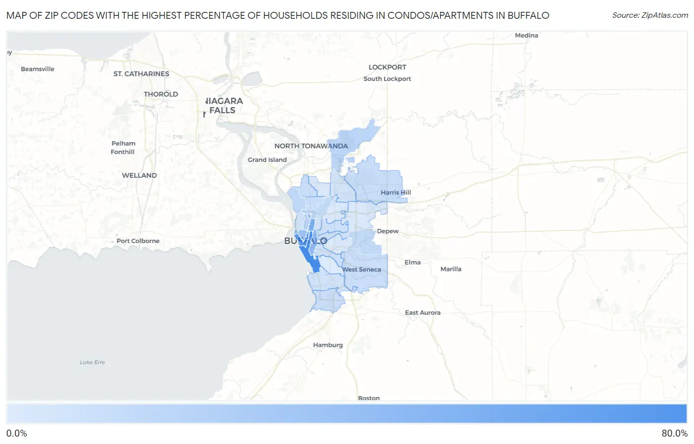 Zip Codes with the Highest Percentage of Households Residing in Condos/Apartments in Buffalo Map