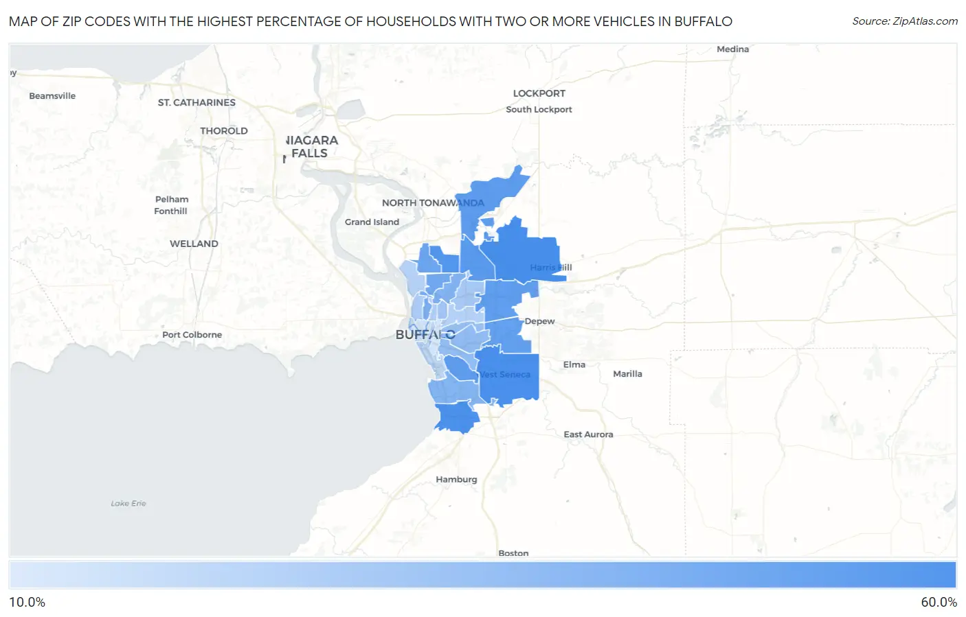 Zip Codes with the Highest Percentage of Households With Two or more Vehicles in Buffalo Map
