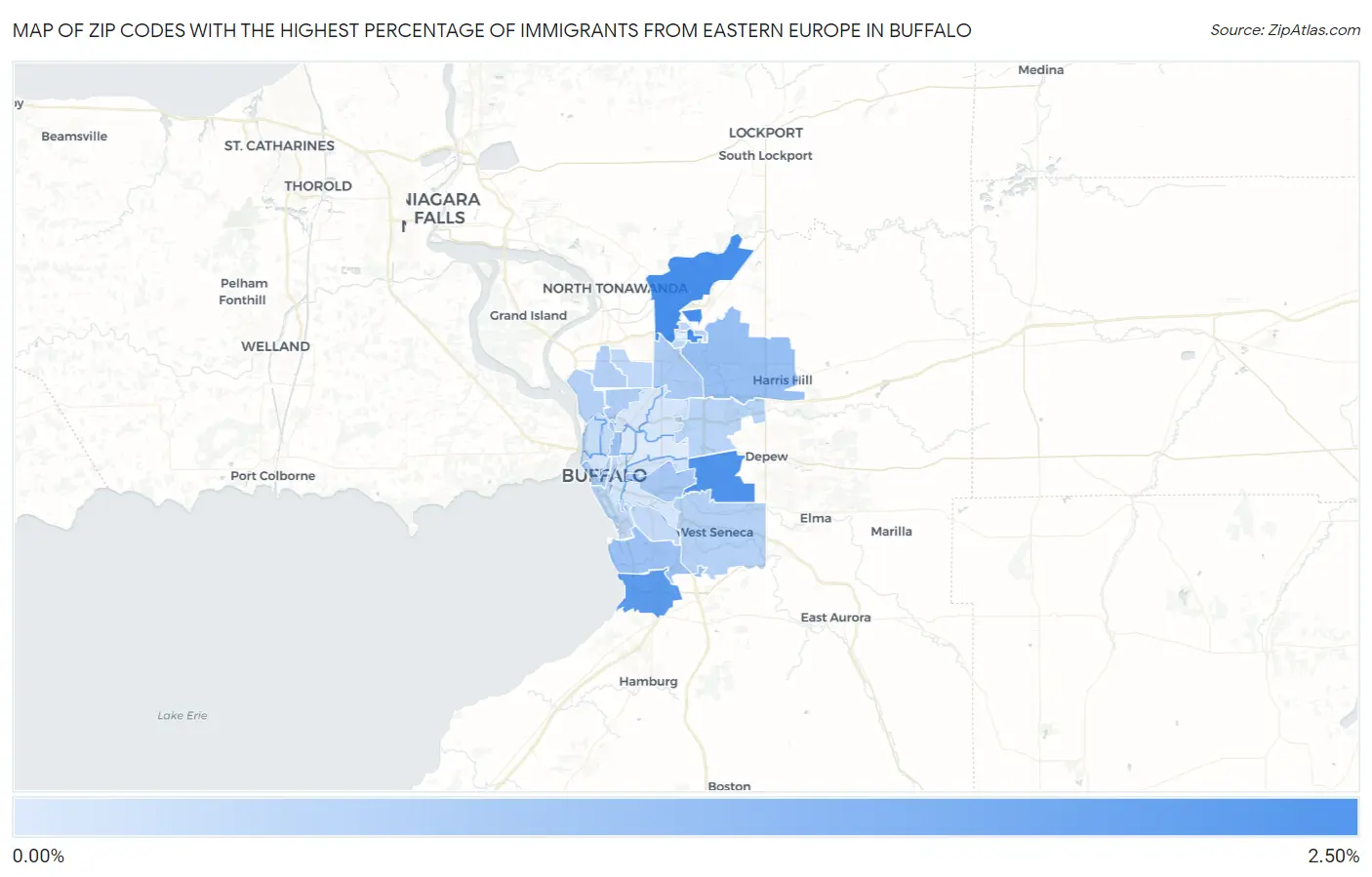 Zip Codes with the Highest Percentage of Immigrants from Eastern Europe in Buffalo Map