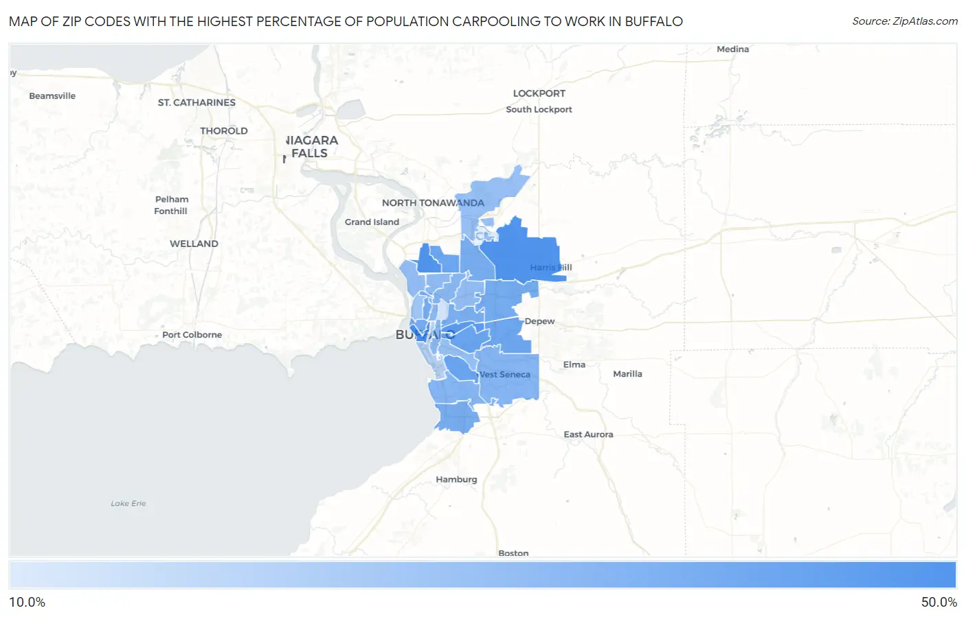 Zip Codes with the Highest Percentage of Population Carpooling to Work in Buffalo Map