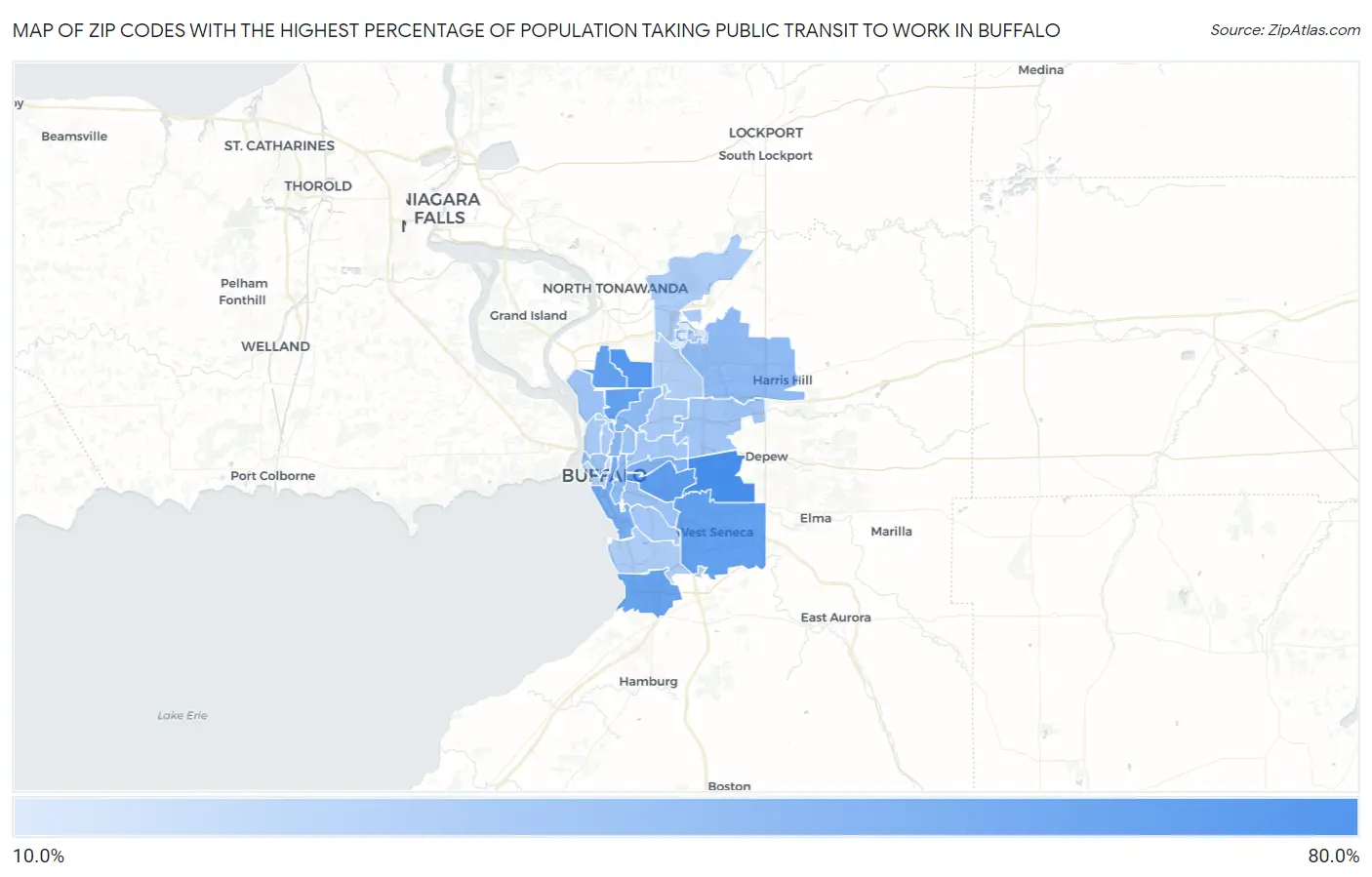 Zip Codes with the Highest Percentage of Population Taking Public Transit to Work in Buffalo Map
