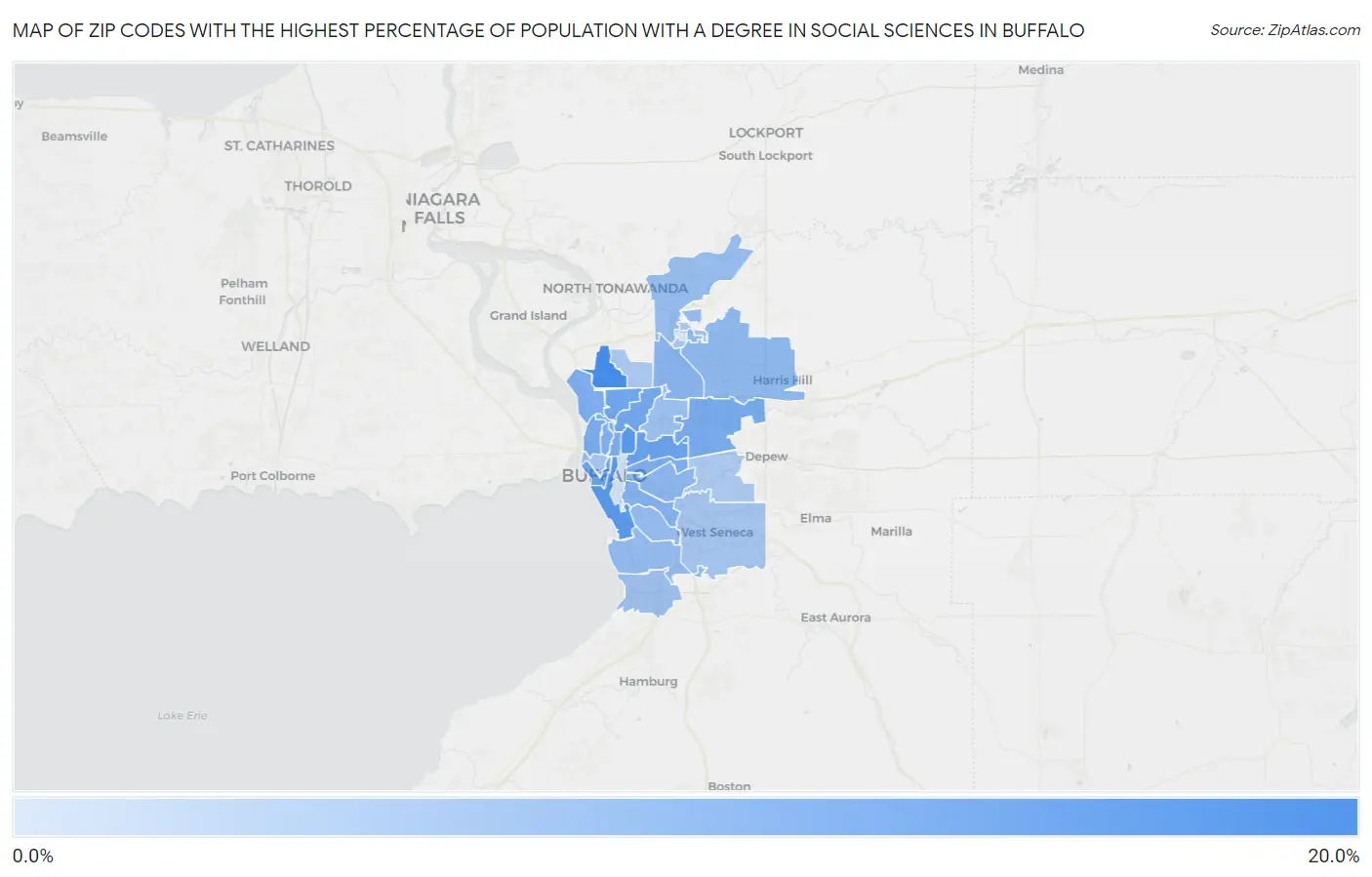 Zip Codes with the Highest Percentage of Population with a Degree in Social Sciences in Buffalo Map