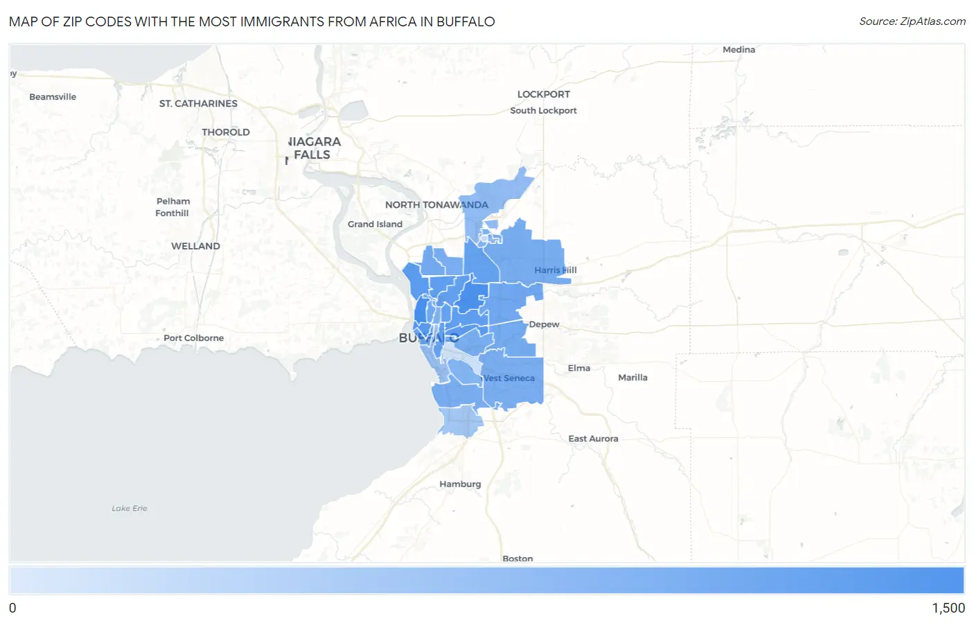 Zip Codes with the Most Immigrants from Africa in Buffalo Map