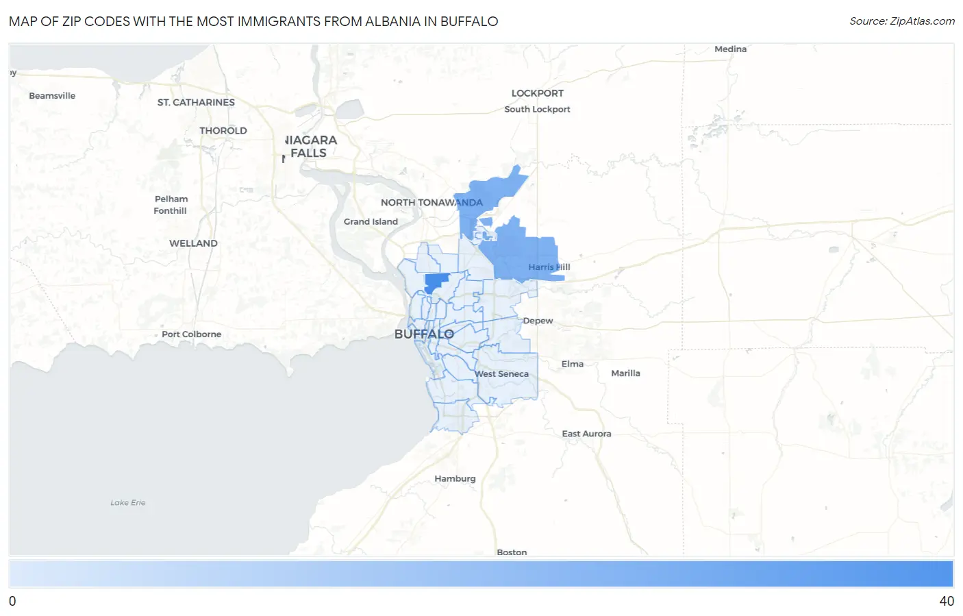 Zip Codes with the Most Immigrants from Albania in Buffalo Map