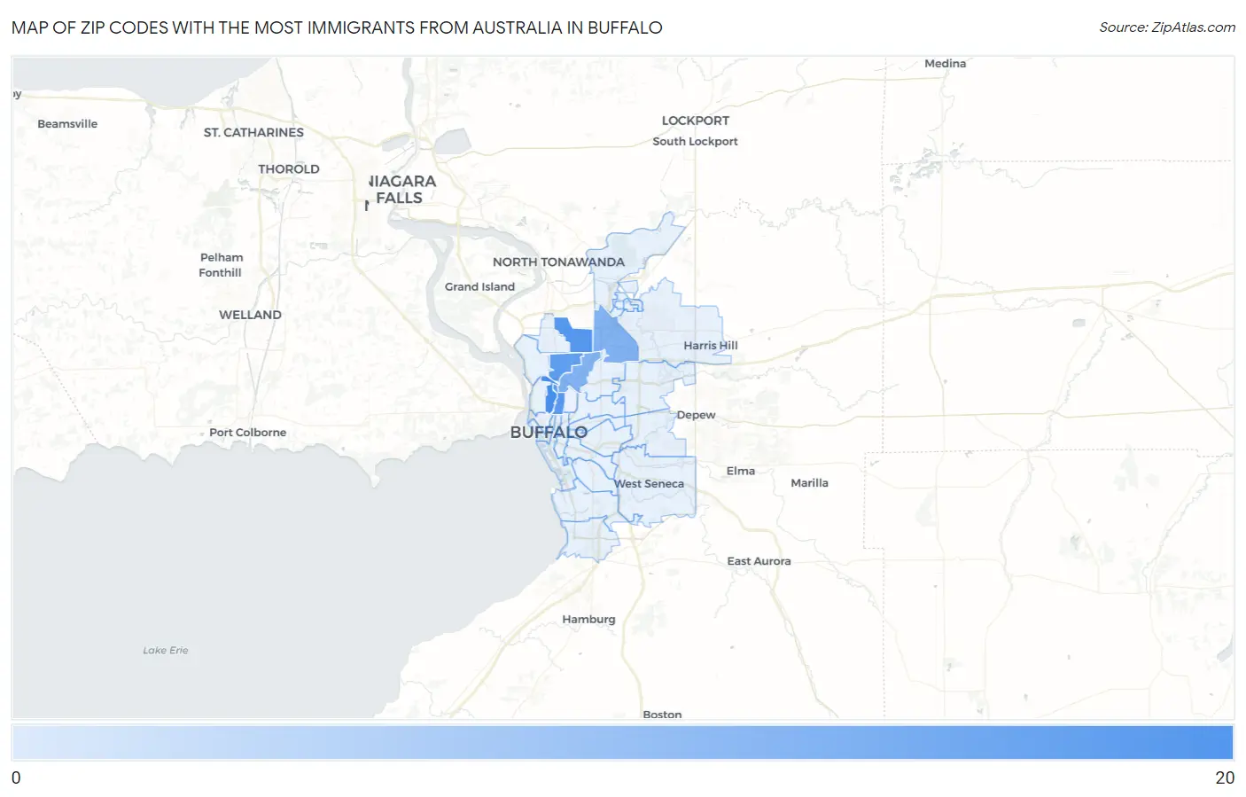 Zip Codes with the Most Immigrants from Australia in Buffalo Map