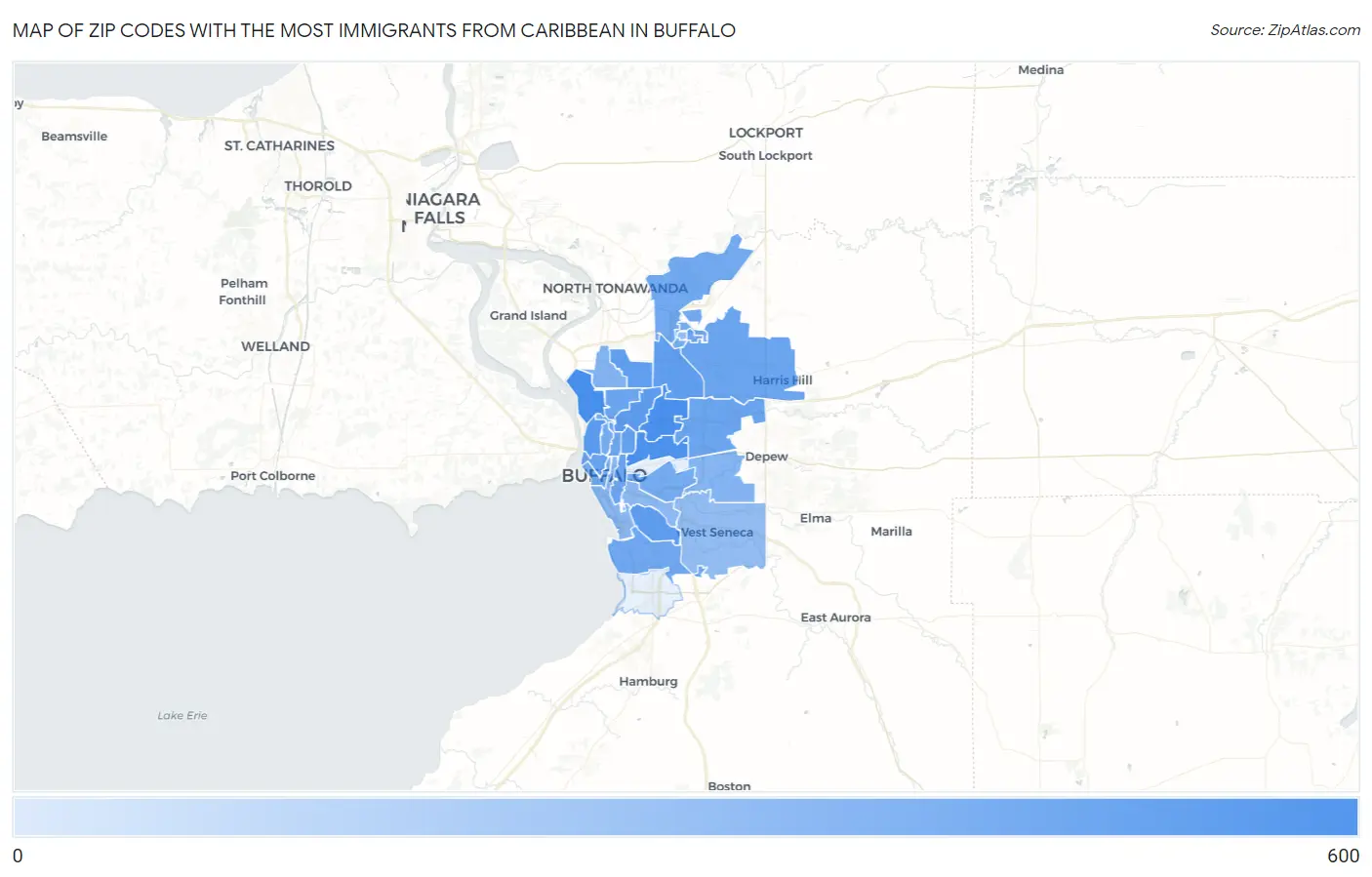Zip Codes with the Most Immigrants from Caribbean in Buffalo Map