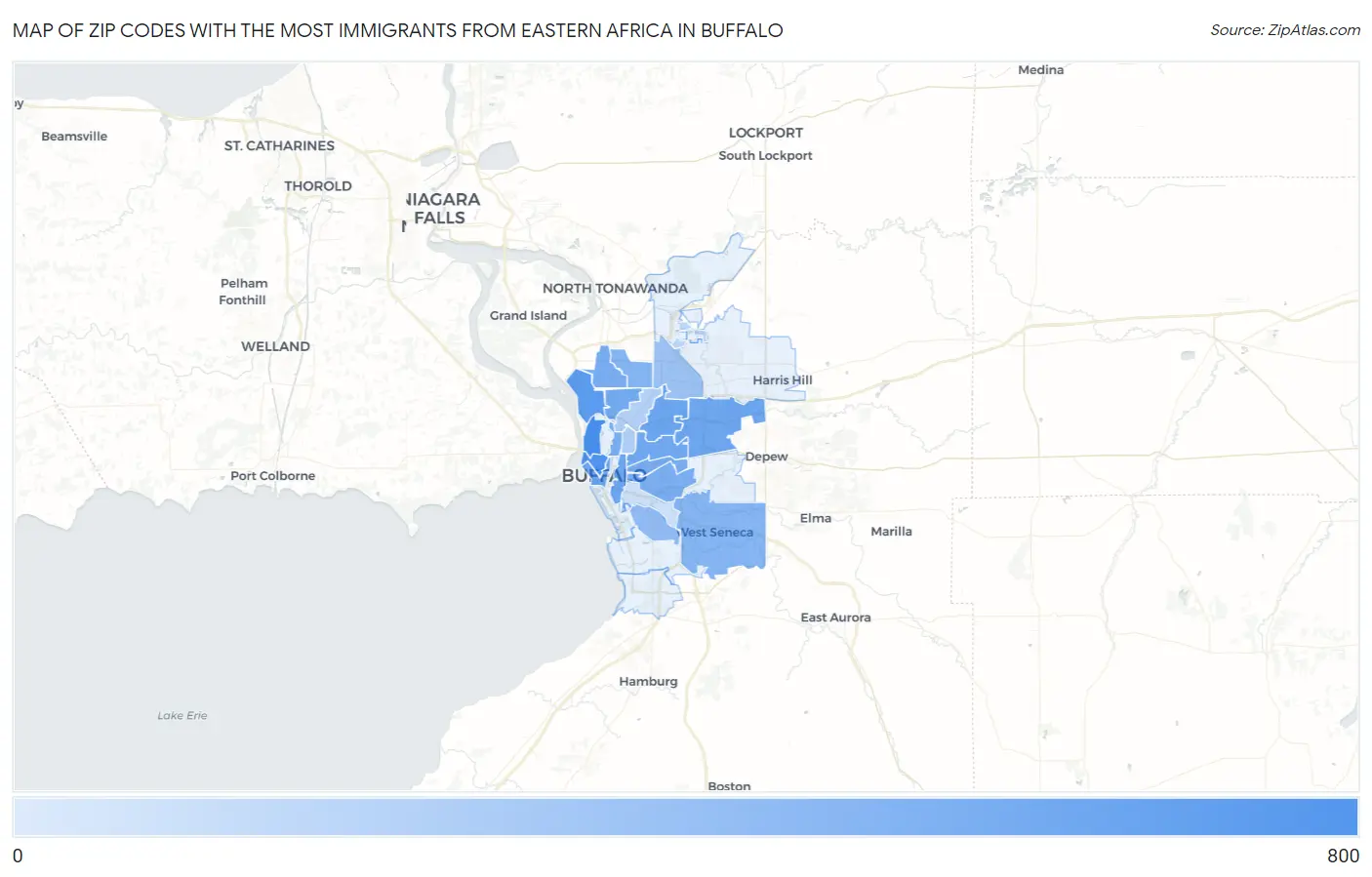 Zip Codes with the Most Immigrants from Eastern Africa in Buffalo Map