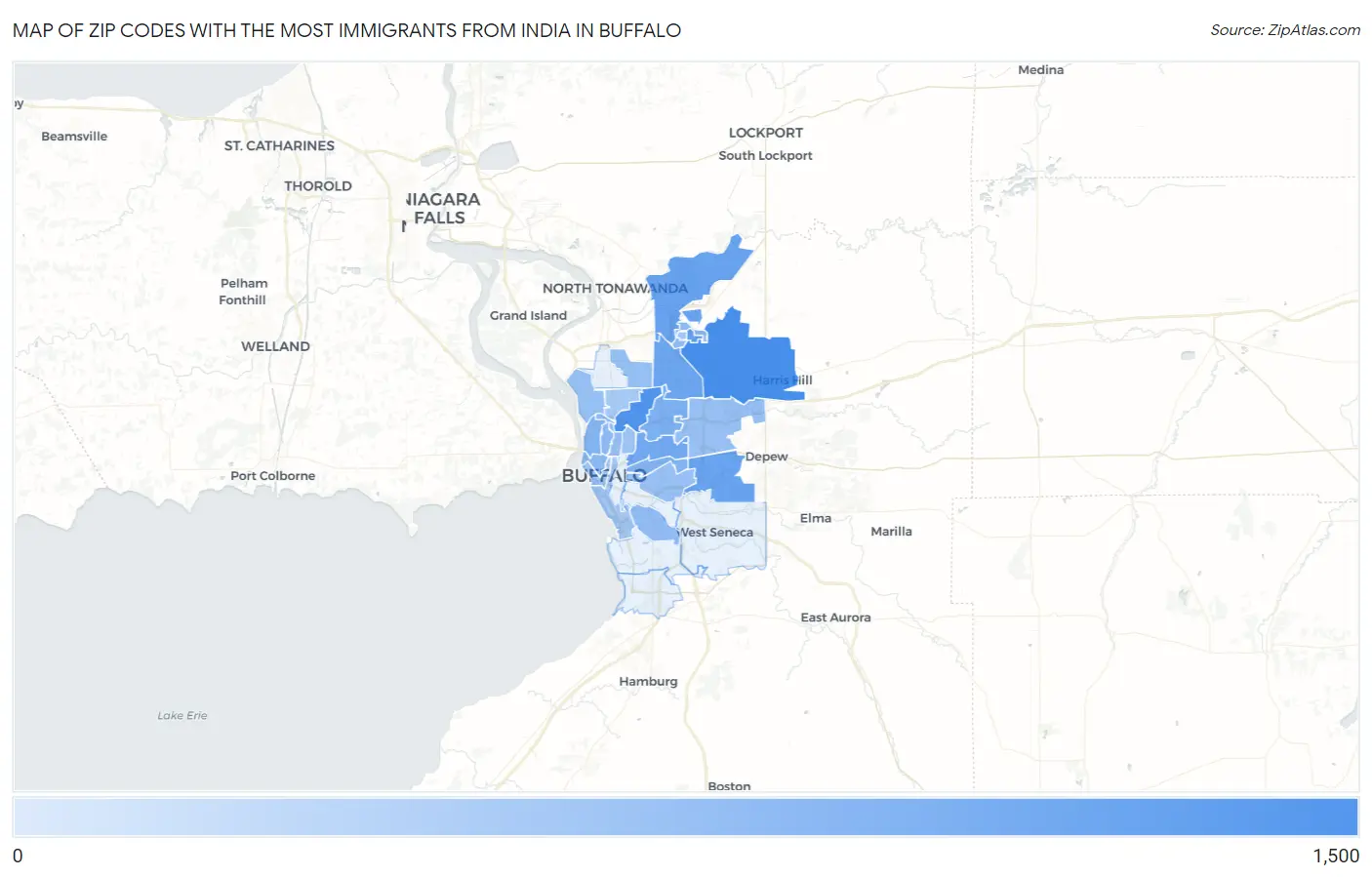 Zip Codes with the Most Immigrants from India in Buffalo Map