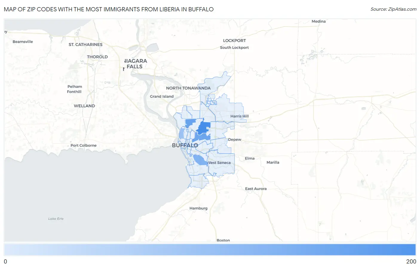 Zip Codes with the Most Immigrants from Liberia in Buffalo Map