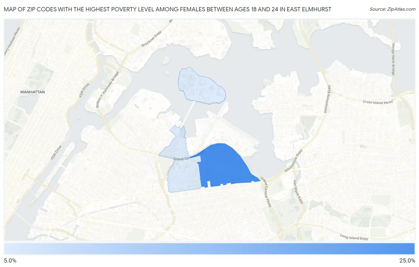 Zip Codes with the Highest Poverty Level Among Females Between Ages 18 and 24 in East Elmhurst Map