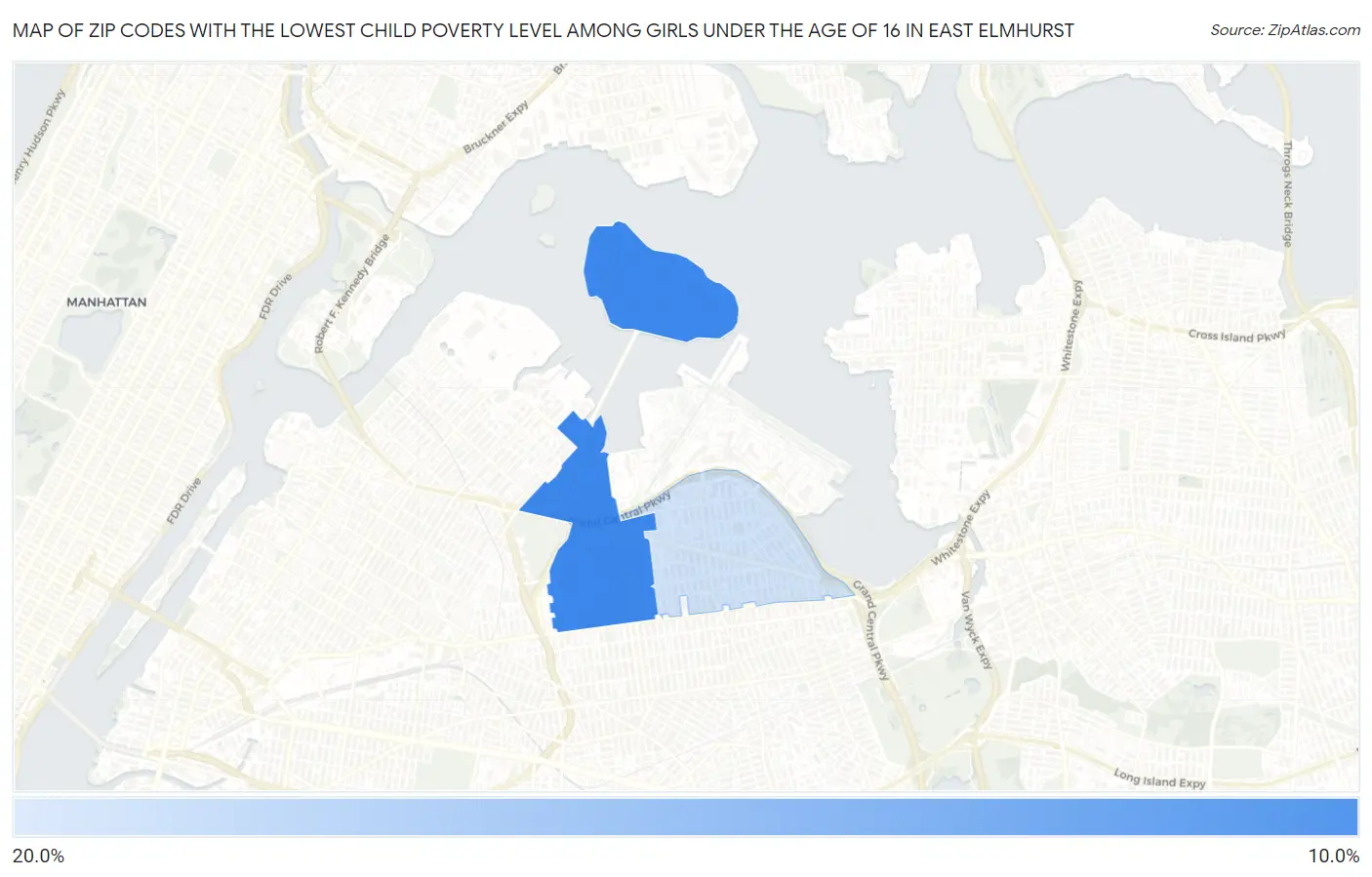 Zip Codes with the Lowest Child Poverty Level Among Girls Under the Age of 16 in East Elmhurst Map