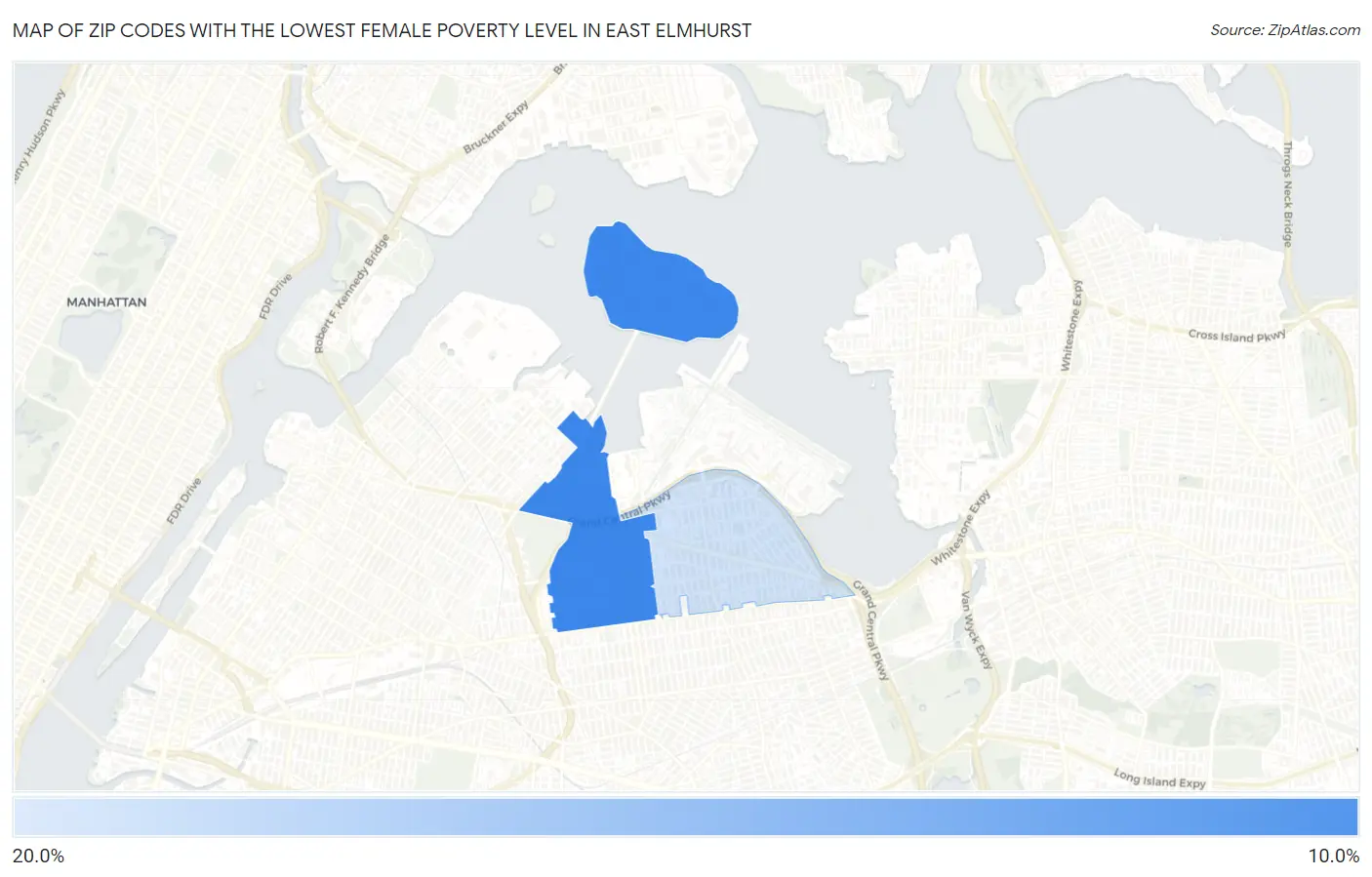 Zip Codes with the Lowest Female Poverty Level in East Elmhurst Map