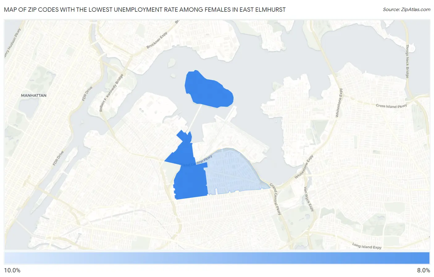Zip Codes with the Lowest Unemployment Rate Among Females in East Elmhurst Map