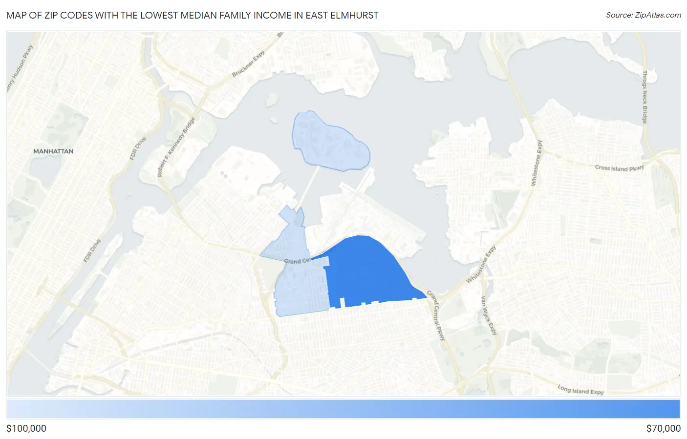 Zip Codes with the Lowest Median Family Income in East Elmhurst Map