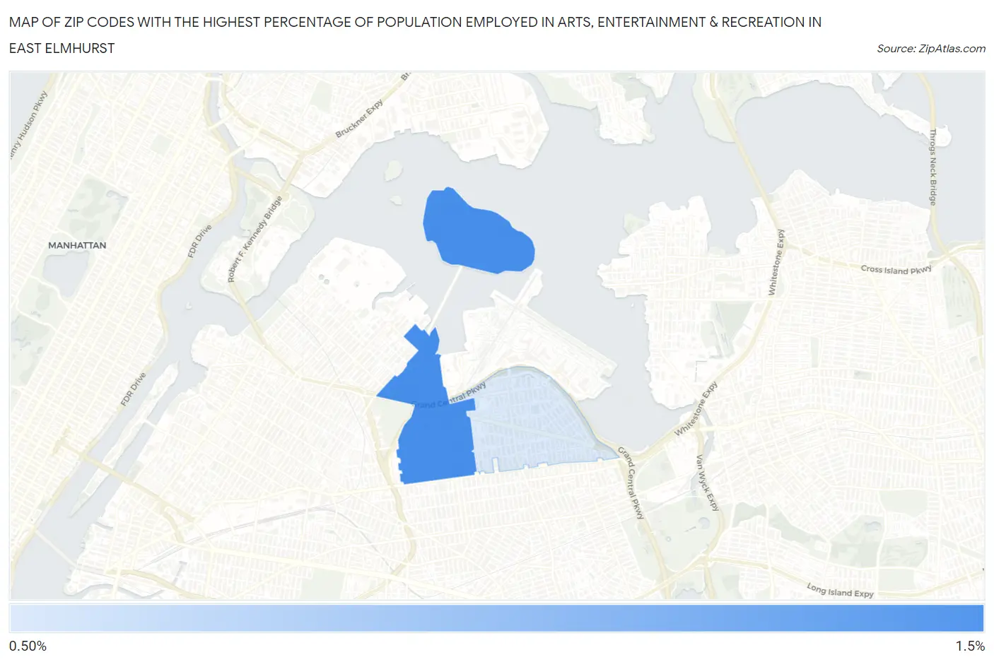 Zip Codes with the Highest Percentage of Population Employed in Arts, Entertainment & Recreation in East Elmhurst Map