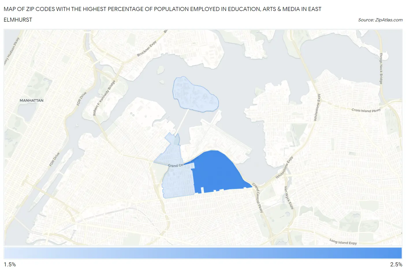 Zip Codes with the Highest Percentage of Population Employed in Education, Arts & Media in East Elmhurst Map