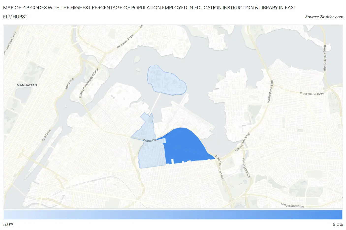 Zip Codes with the Highest Percentage of Population Employed in Education Instruction & Library in East Elmhurst Map