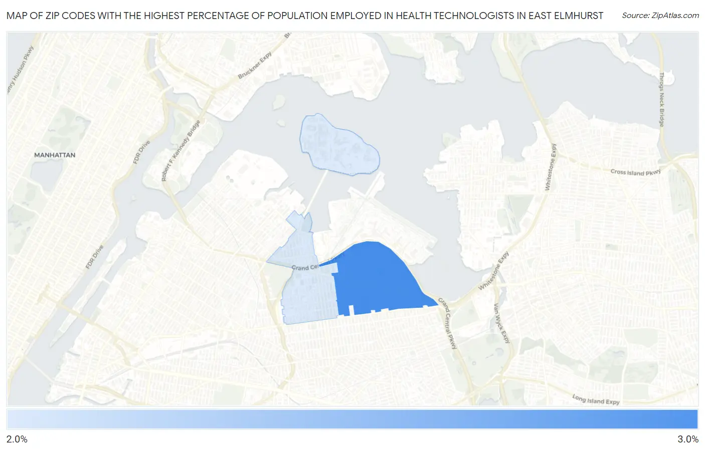 Zip Codes with the Highest Percentage of Population Employed in Health Technologists in East Elmhurst Map