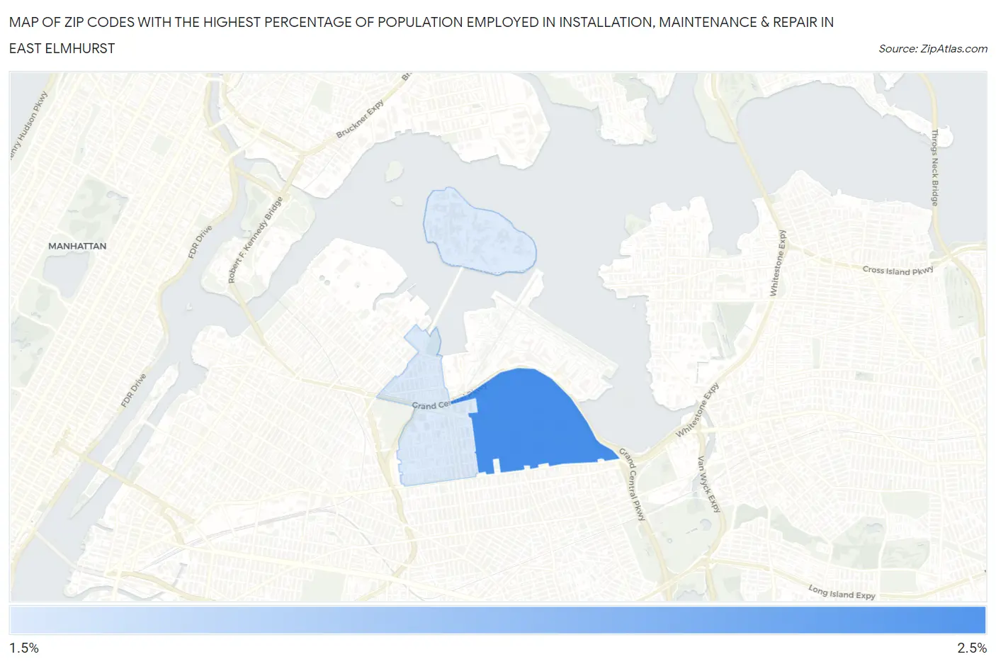 Zip Codes with the Highest Percentage of Population Employed in Installation, Maintenance & Repair in East Elmhurst Map