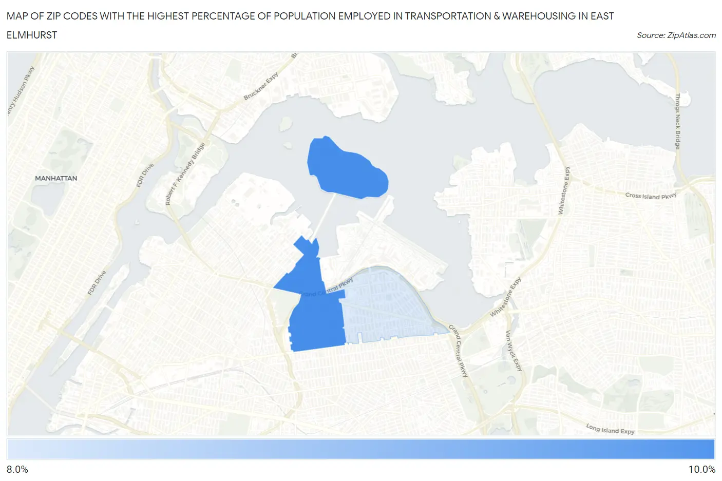 Zip Codes with the Highest Percentage of Population Employed in Transportation & Warehousing in East Elmhurst Map