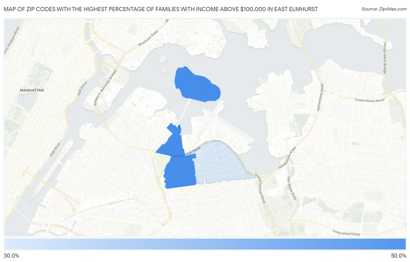 Zip Codes with the Highest Percentage of Families with Income Above $100,000 in East Elmhurst Map