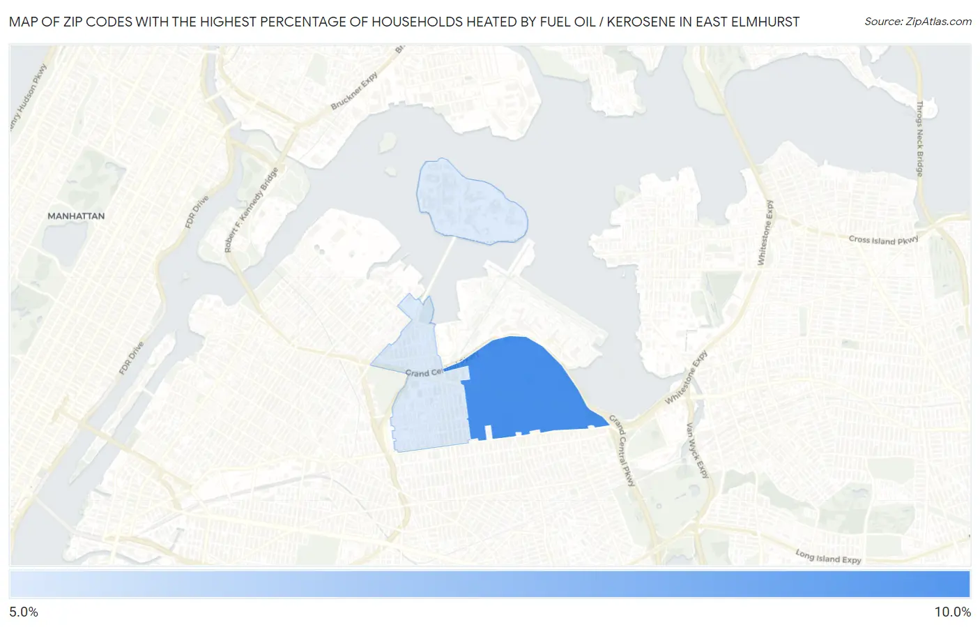 Zip Codes with the Highest Percentage of Households Heated by Fuel Oil / Kerosene in East Elmhurst Map