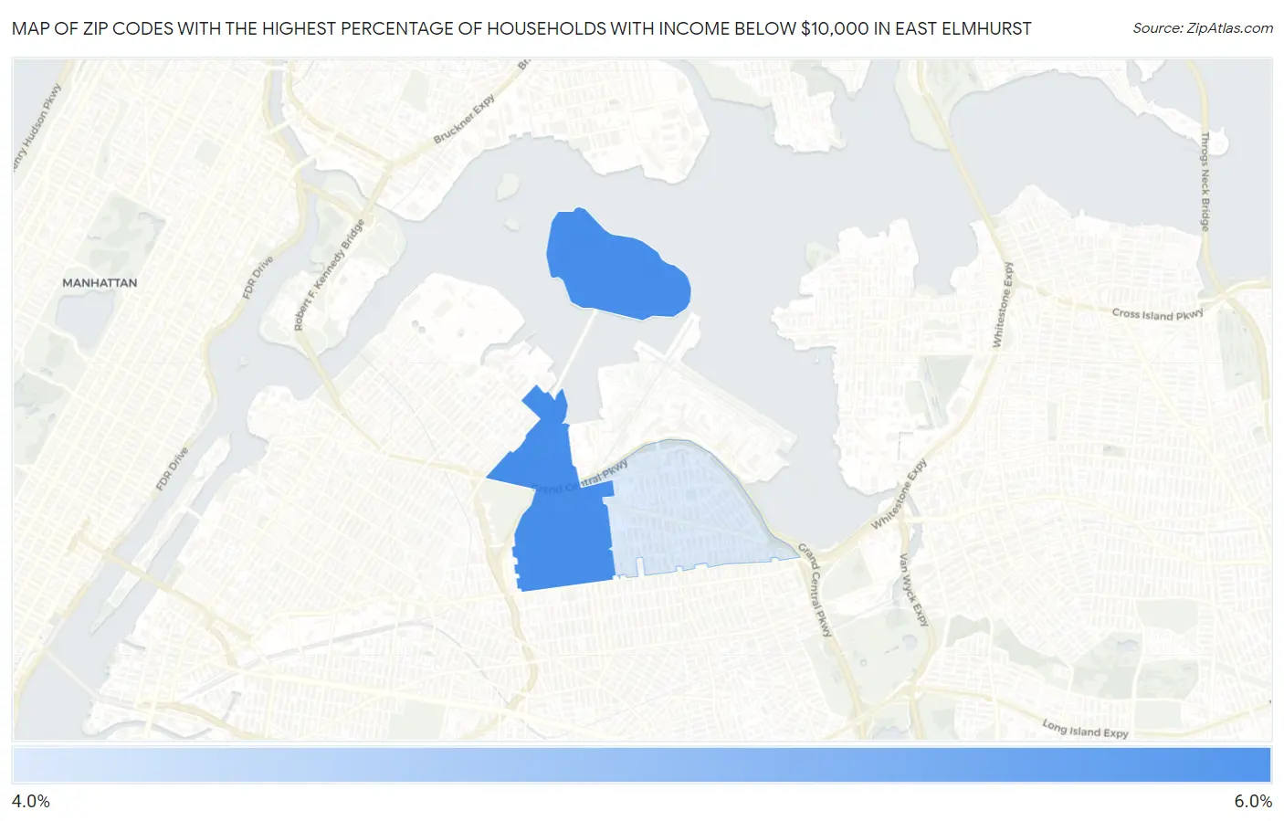 Zip Codes with the Highest Percentage of Households with Income Below $10,000 in East Elmhurst Map