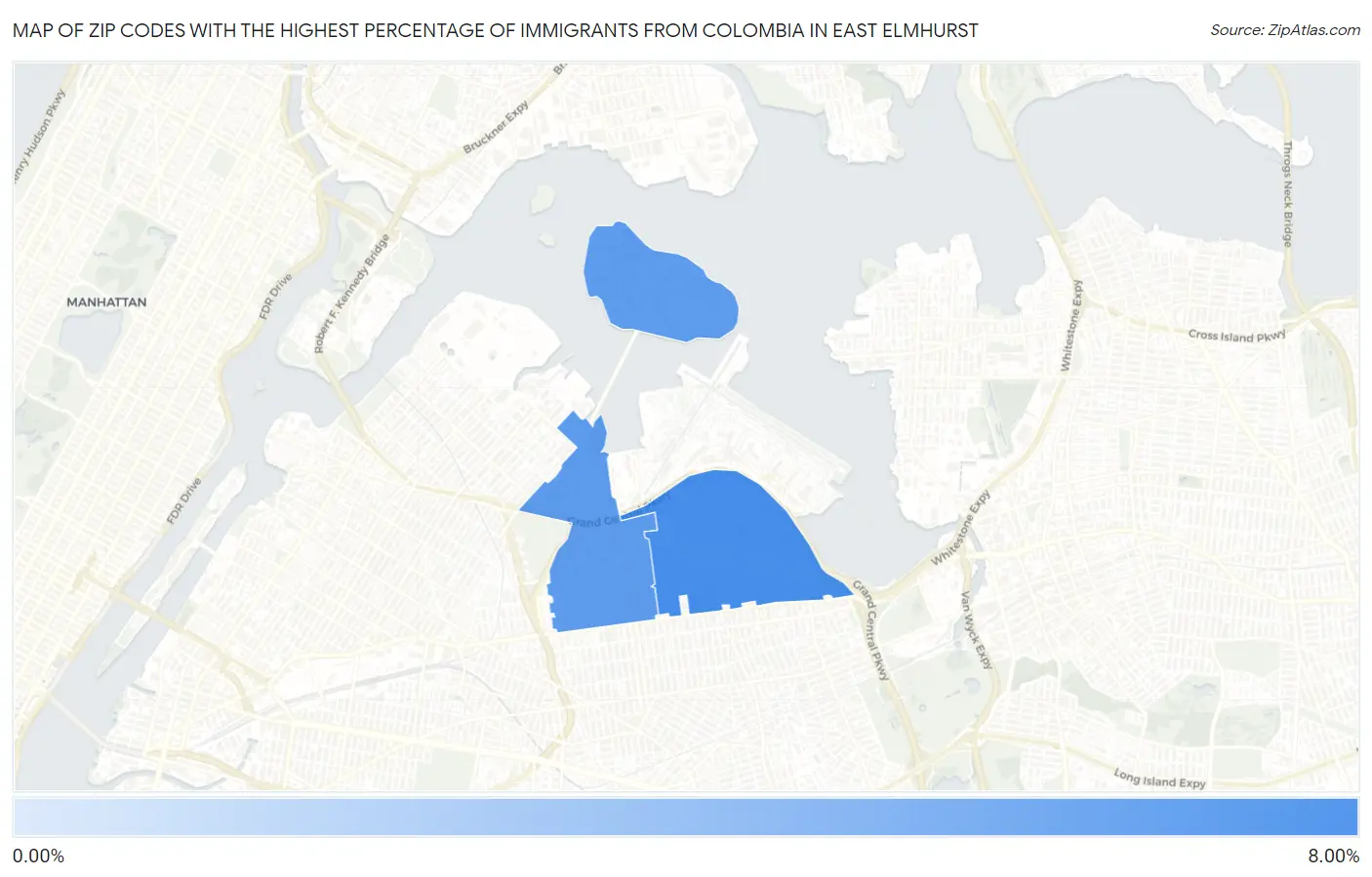 Zip Codes with the Highest Percentage of Immigrants from Colombia in East Elmhurst Map