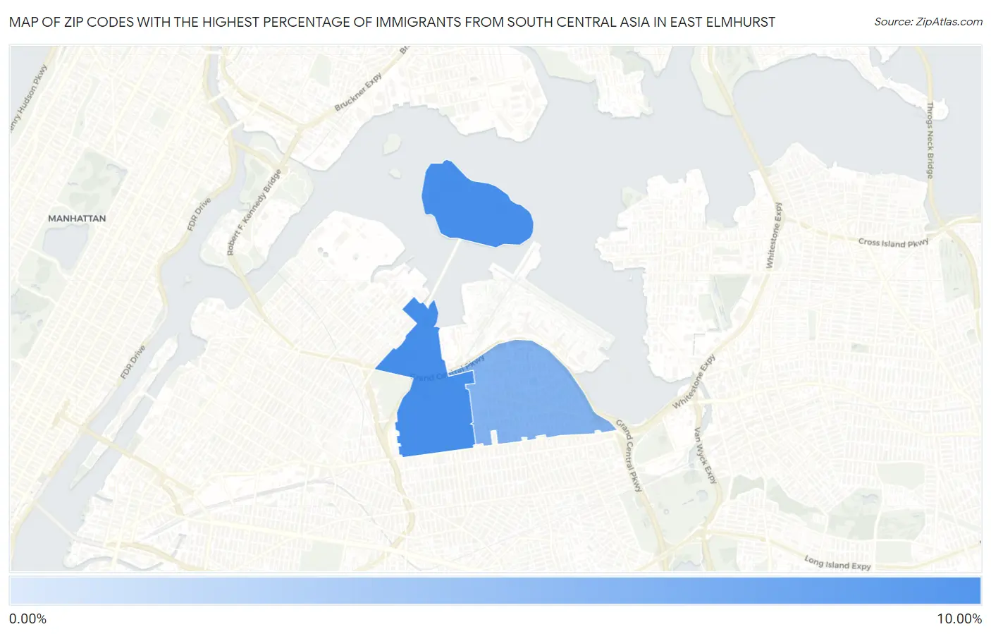 Zip Codes with the Highest Percentage of Immigrants from South Central Asia in East Elmhurst Map