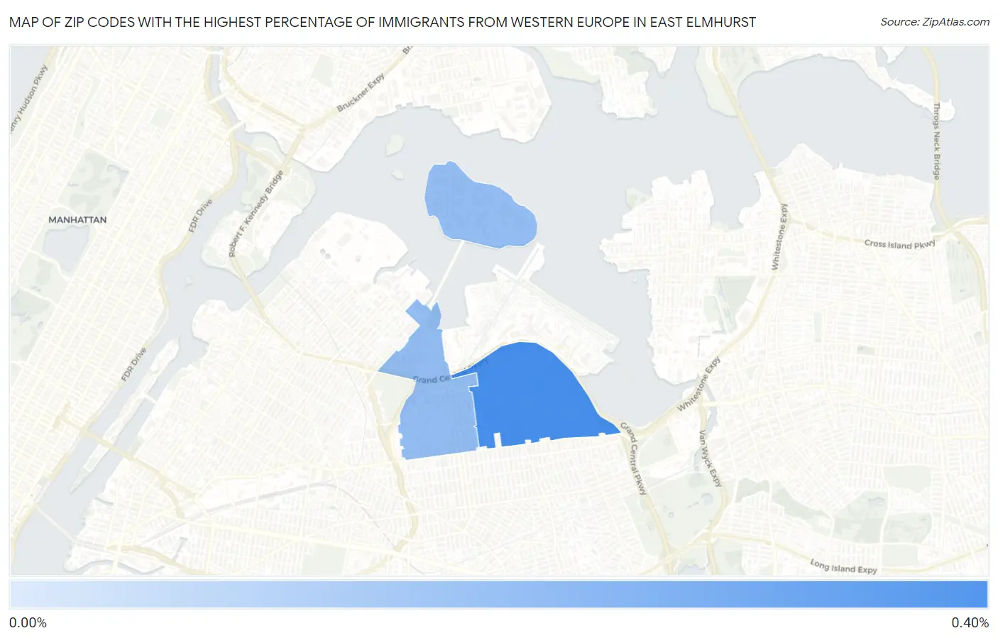 Zip Codes with the Highest Percentage of Immigrants from Western Europe in East Elmhurst Map