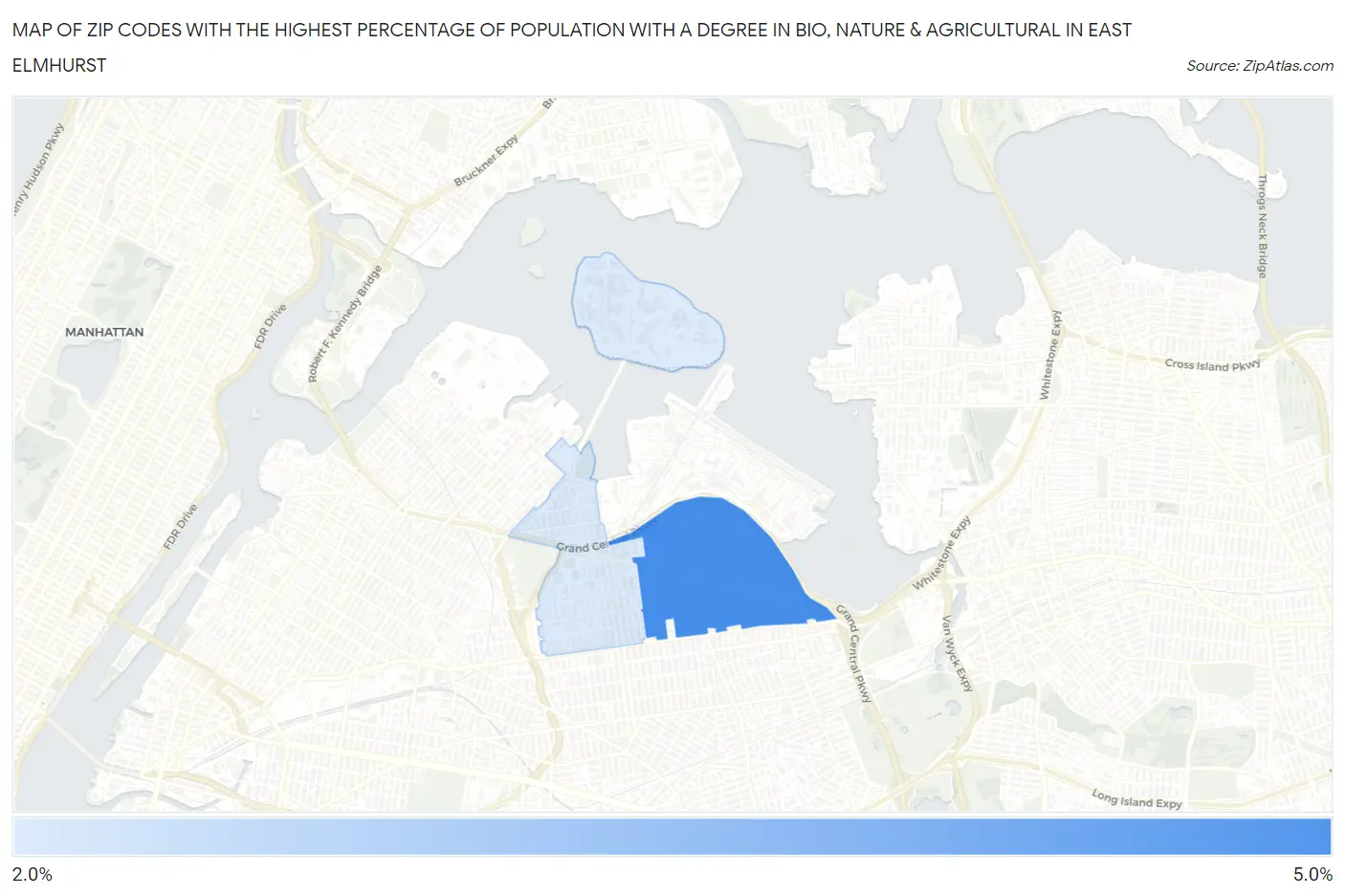 Zip Codes with the Highest Percentage of Population with a Degree in Bio, Nature & Agricultural in East Elmhurst Map