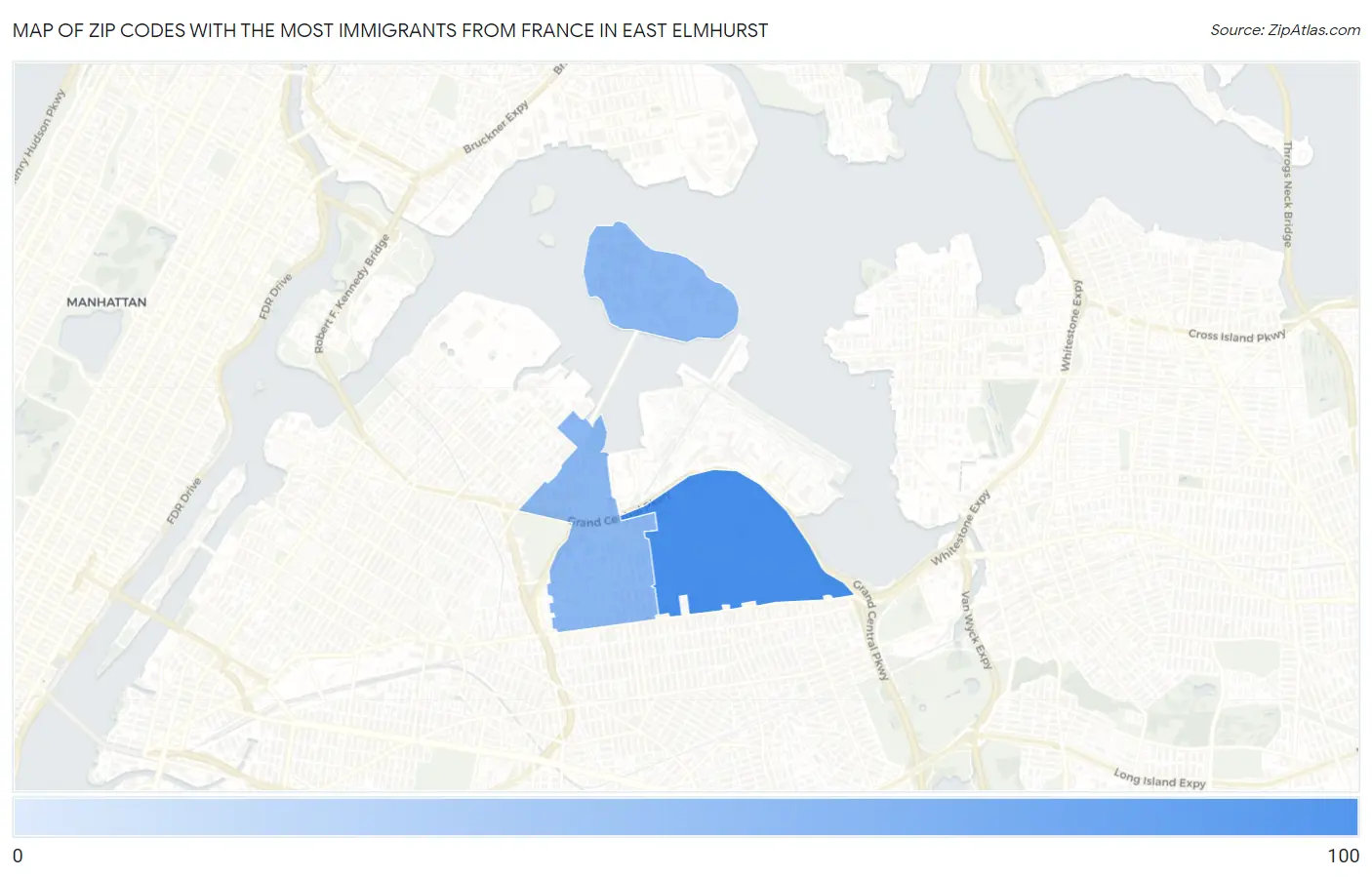 Zip Codes with the Most Immigrants from France in East Elmhurst Map