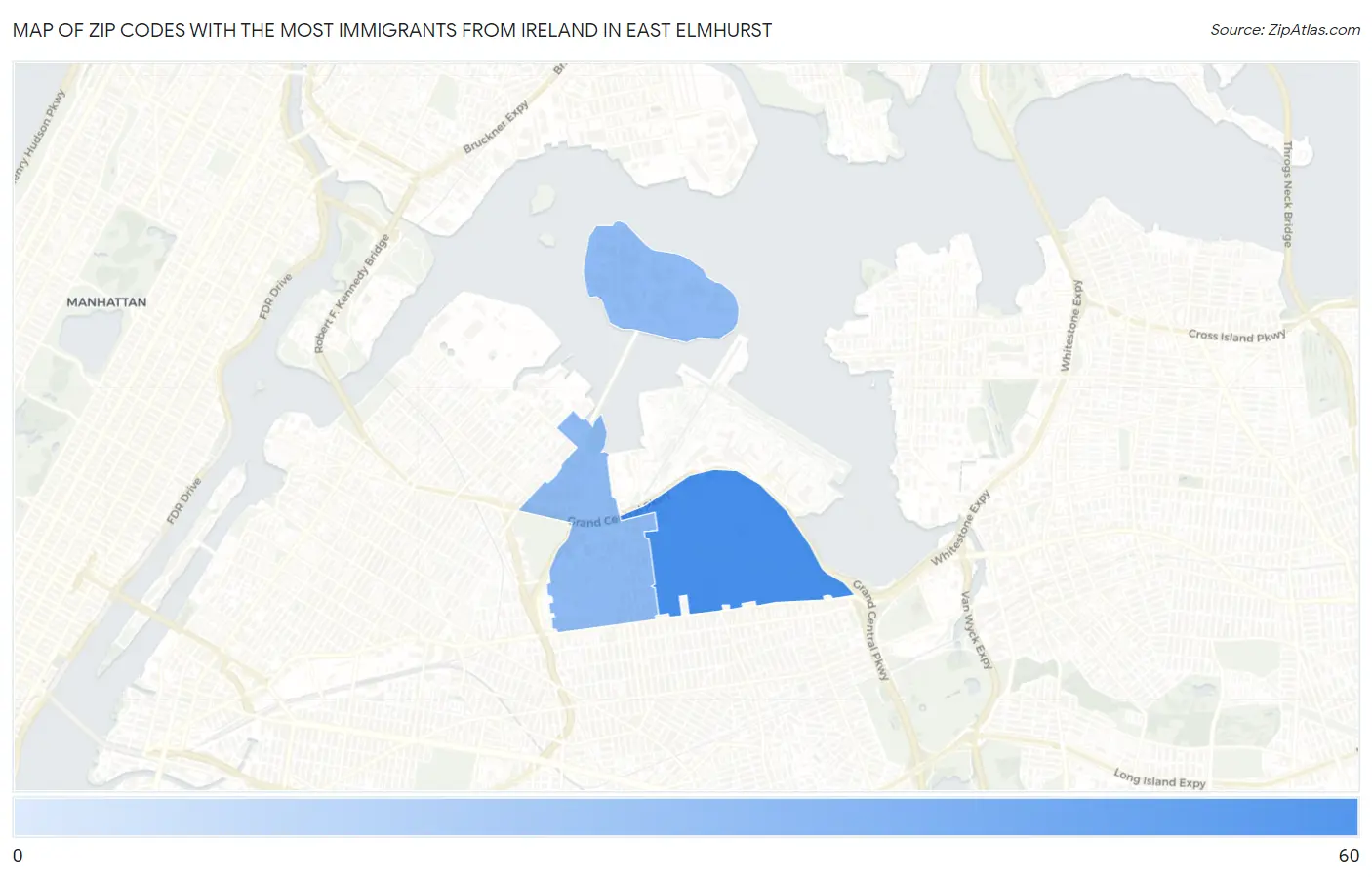Zip Codes with the Most Immigrants from Ireland in East Elmhurst Map